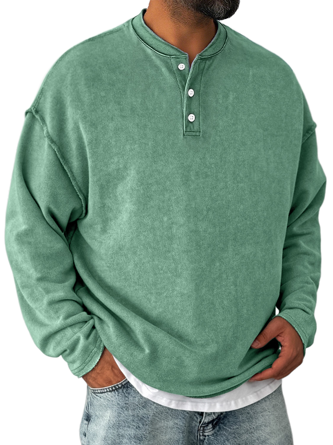 Herren Retro Freizeit Stehkragen Knopf-Down Langarm Henley Shirt-deurabatt