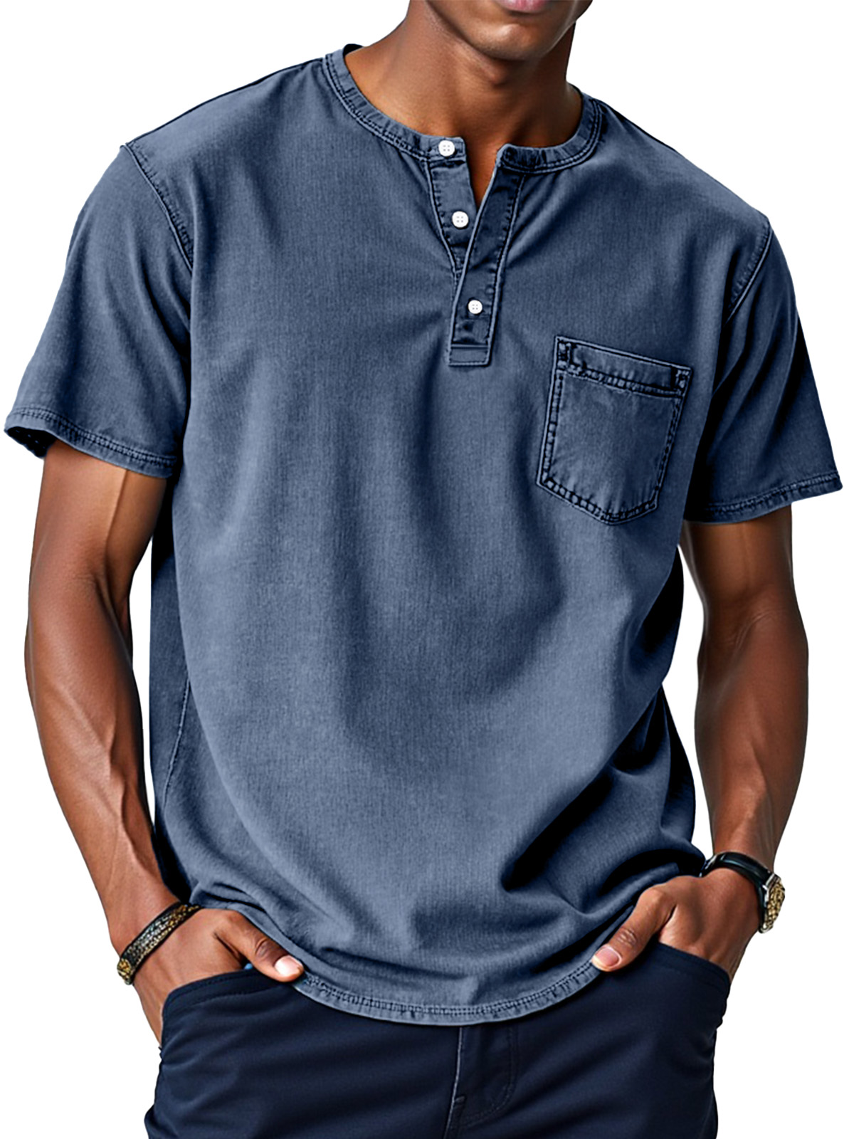 Herren Retro Einfarbig Locker Knopf Stehkragen Kurzarm Henley Shirt-deurabatt