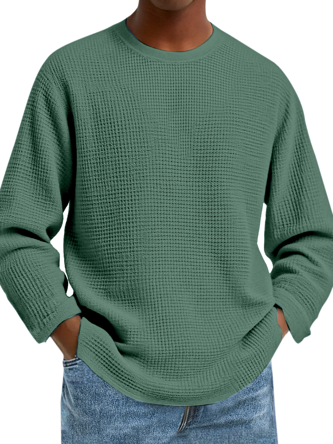 Herren Einfaches Tägliches Einfarbiges Waffel Rundhals Langarm T-Shirt-deurabatt