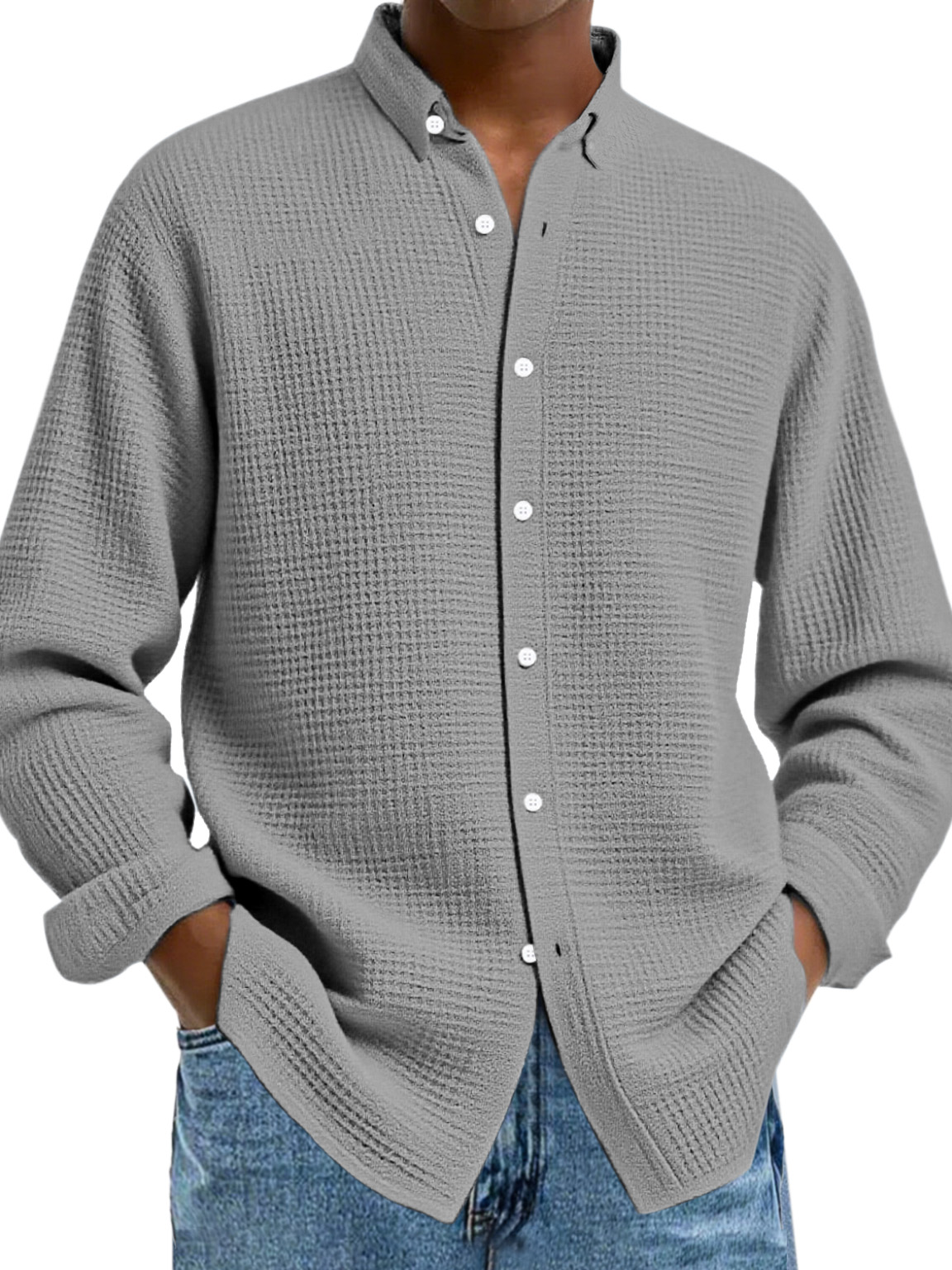 Herren Freizeit Einfarbige Waffel Knopf Langarmshirt-deurabatt