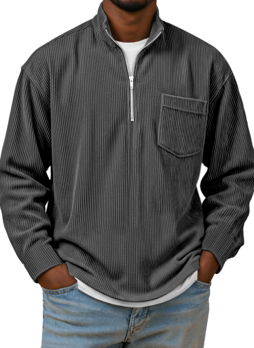 Herren Einfaches Basic Corduroy Viertel-Reißverschluss Stehkragen Langarm Polohemd-deurabatt