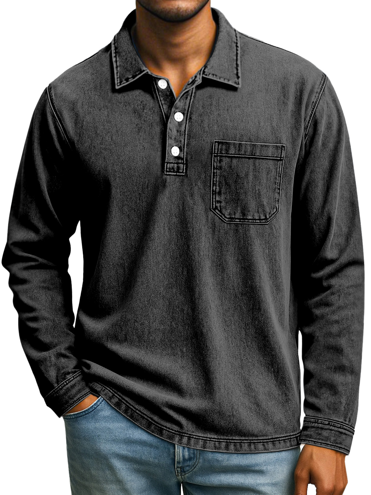 Herren Retro Freizeit Tägliches Einfarbiges Langarm Poloshirt mit Revers-deurabatt