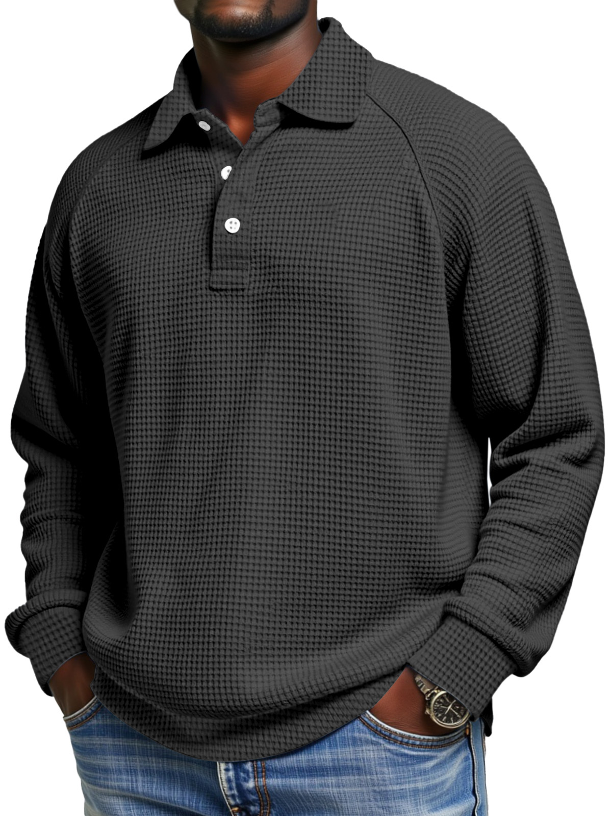 Herren Tägliches Einfaches Einfarbiges Waffel Raglan Ärmel Langarm Polohemd-deurabatt