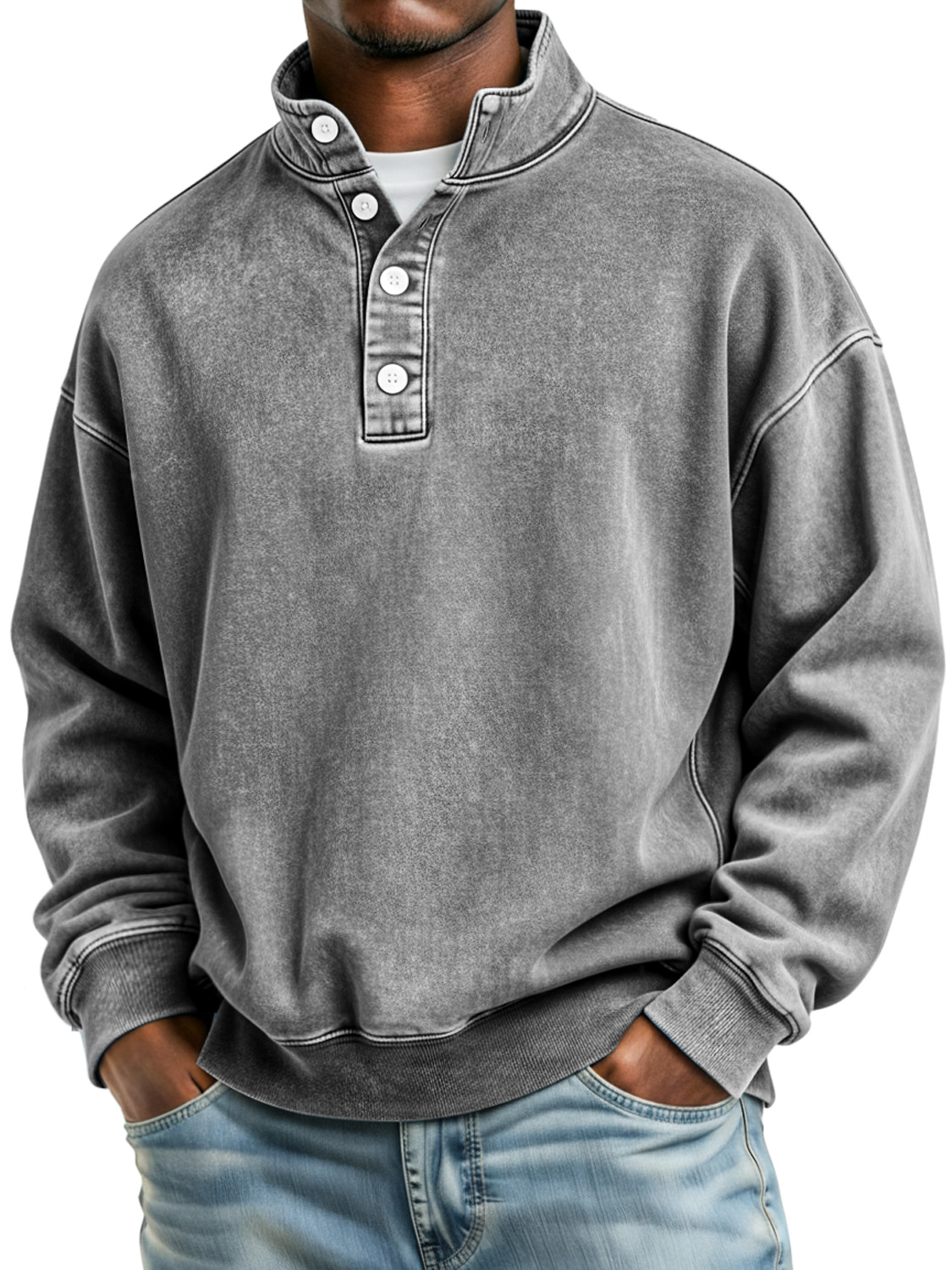 Herren Retro Stehkragen Knopf Lässiger Lockere Sweatshirt-deurabatt