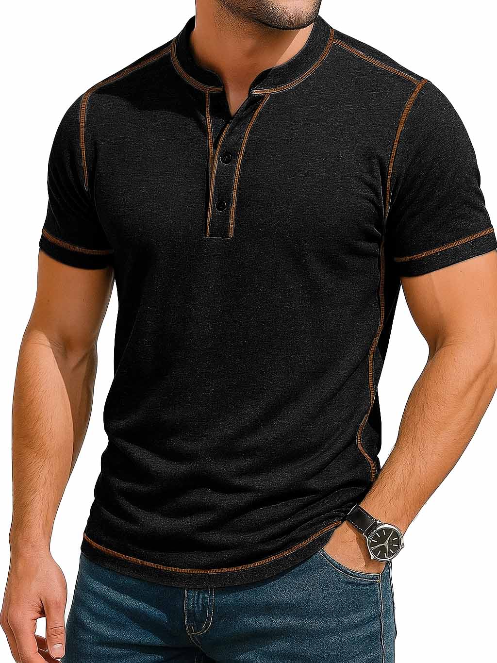 Herrenmode Retro Kontrastfarbe Linie Kurzarm Henley Shirt-deurabatt