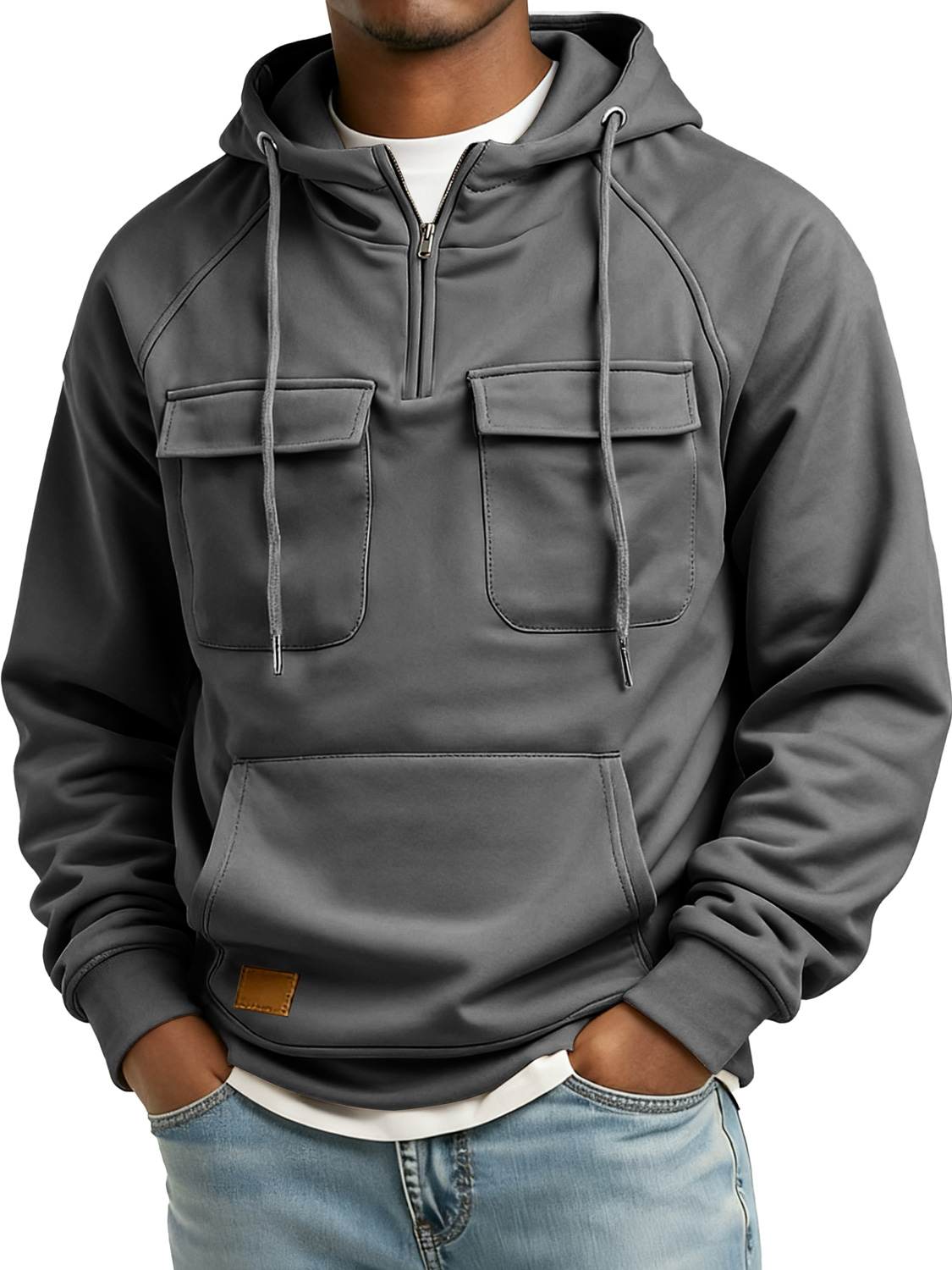 Herren Retro Reißverschluss Doppelter Taschen Besticktes Logo Freizeit Hoodie-deurabatt