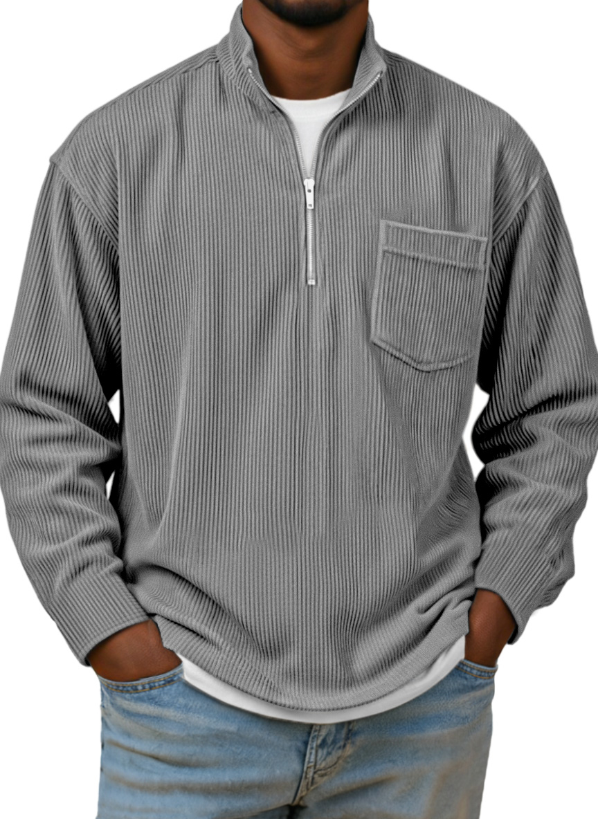 Herren Einfaches Basic Corduroy Viertel-Reißverschluss Stehkragen Langarm Polohemd-deurabatt
