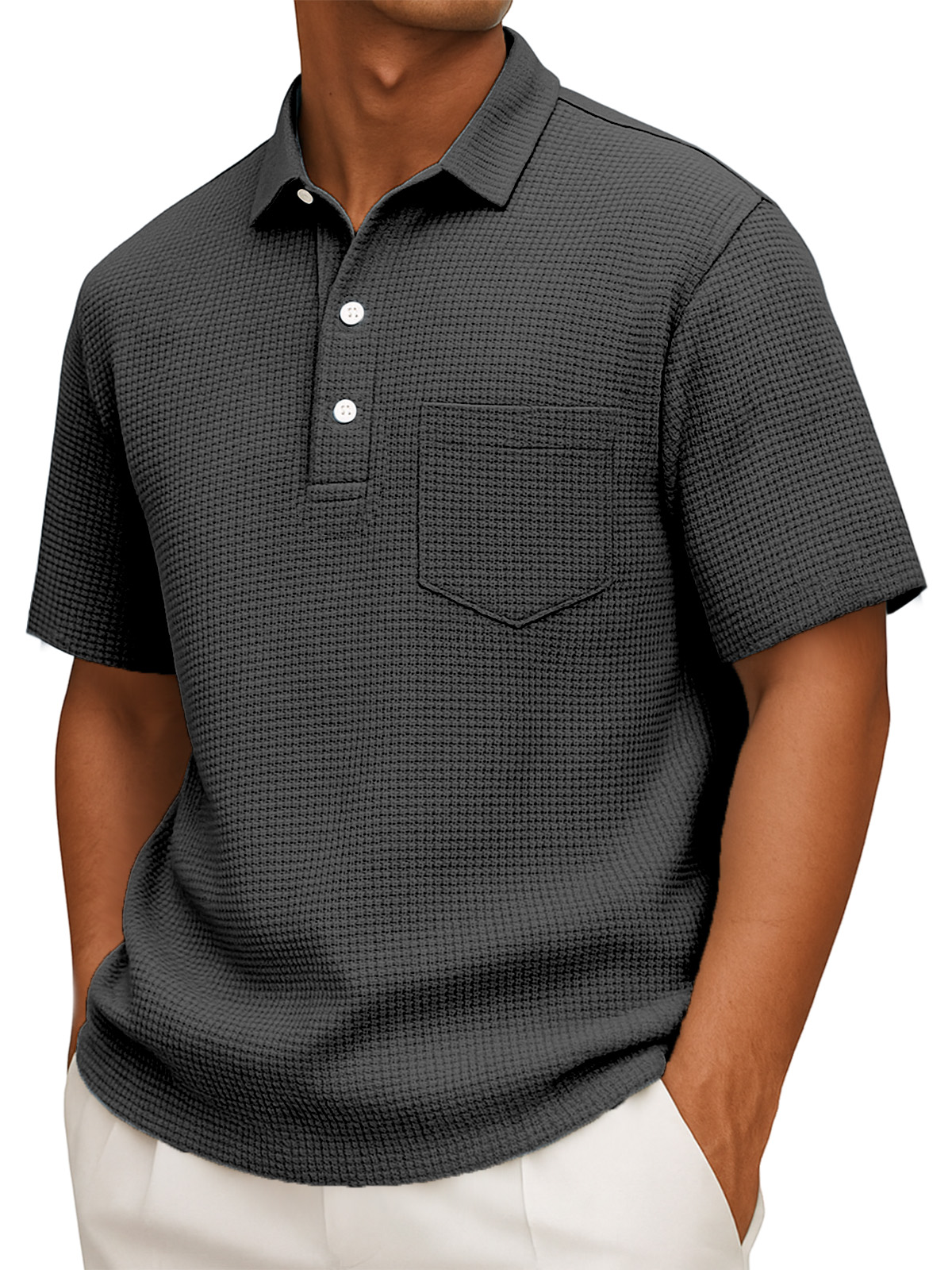 Herren Freizeit Poloshirt mit kurzem Arm in einfarbigem Waffelstrick-deurabatt