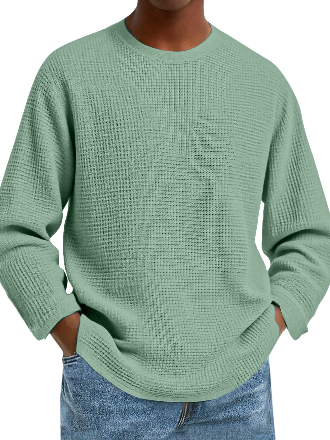 Herren Einfaches Tägliches Einfarbiges Waffel Rundhals Langarm T-Shirt-deurabatt