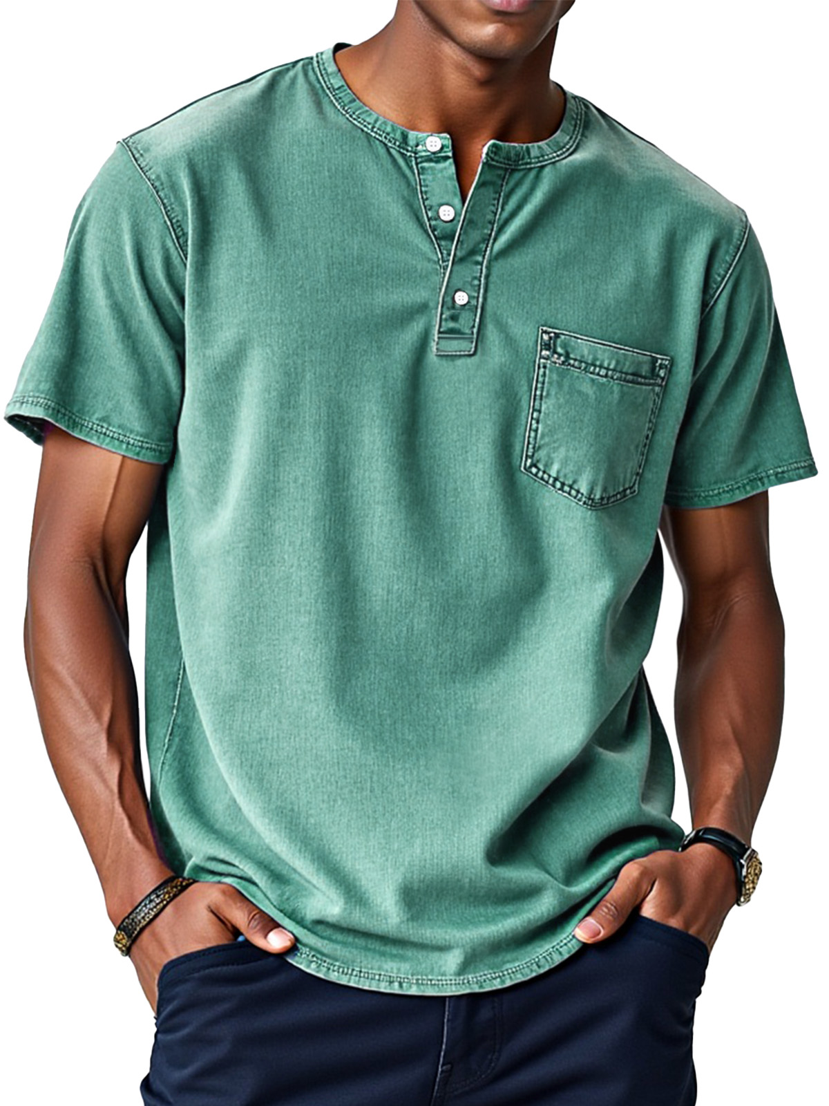 Herren Retro Einfarbig Locker Knopf Stehkragen Kurzarm Henley Shirt-deurabatt