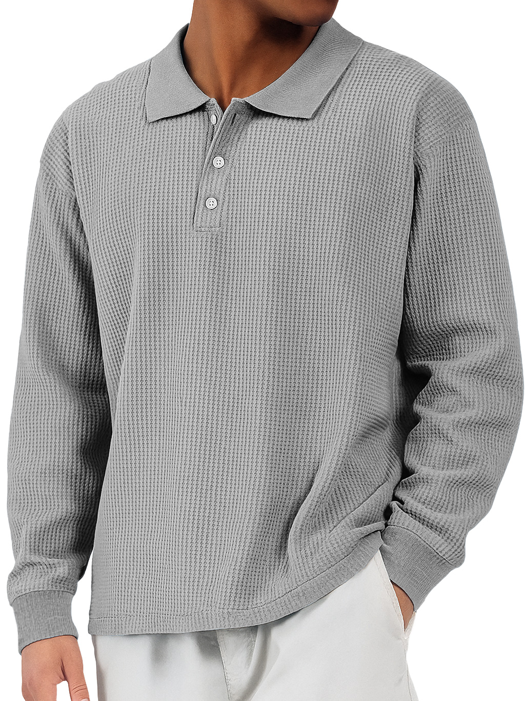 Herren Alltags Waffel Revers Knopf-down Lockere Freizeit Langarm Polohemd-deurabatt