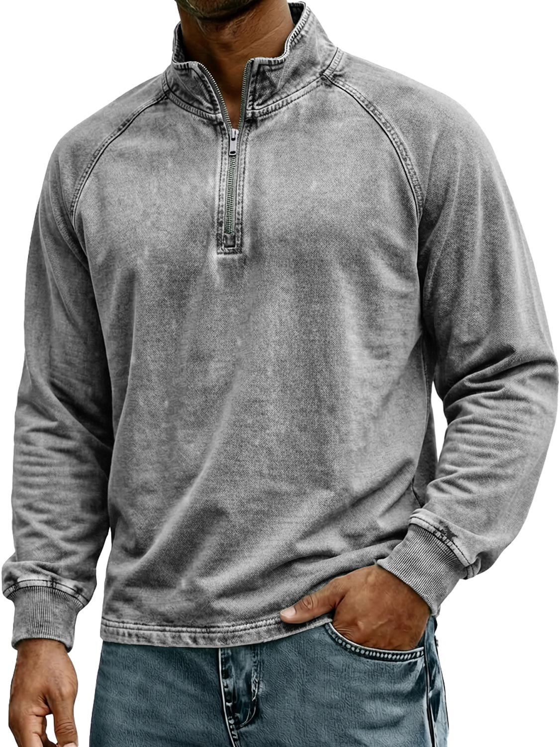 Herren Retro Stehkragen Reißverschluss Raglan Design Freizeit Langarm T-Shirt-deurabatt