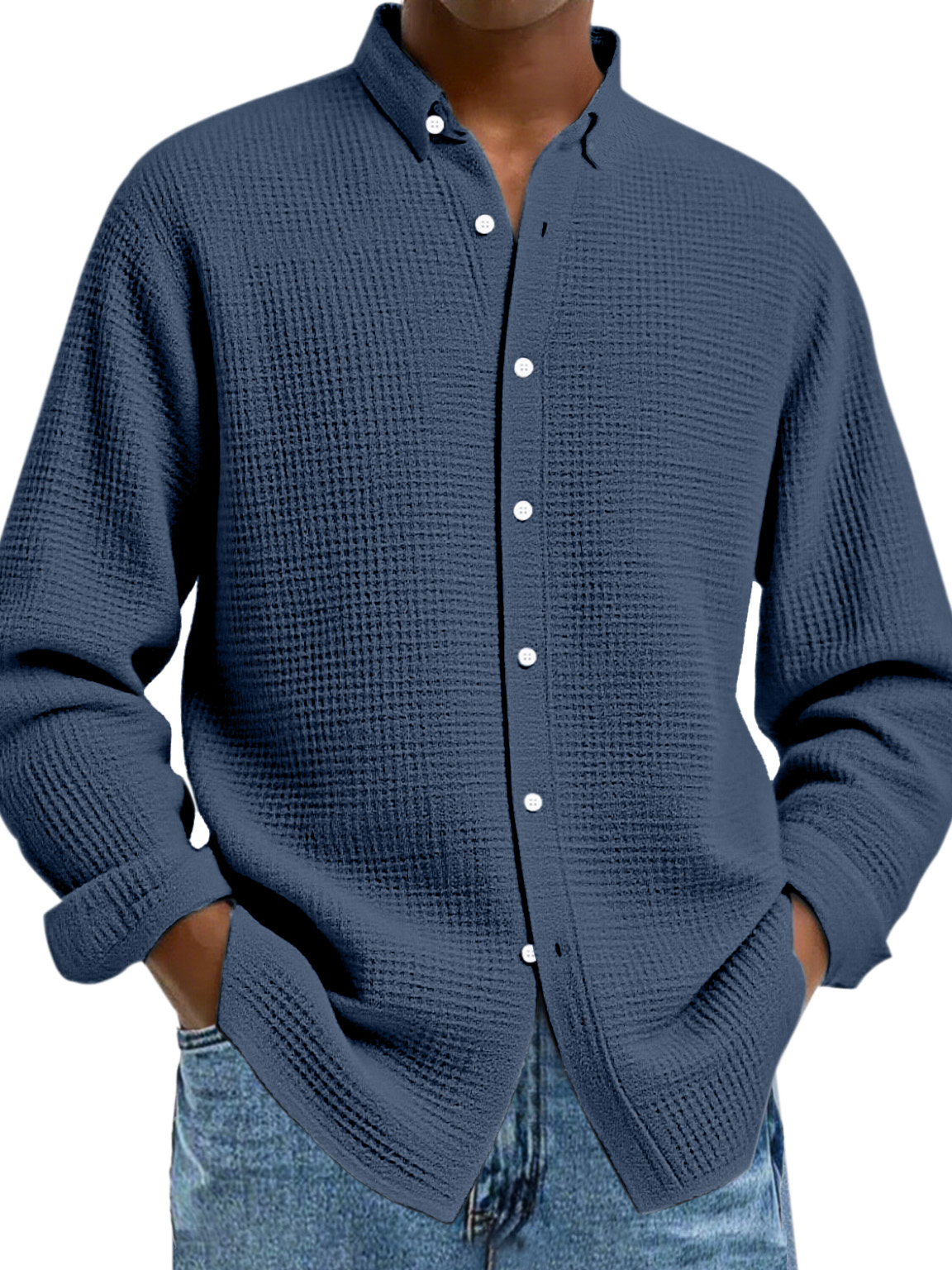Herren Freizeit Einfarbige Waffel Knopf Langarmshirt-deurabatt