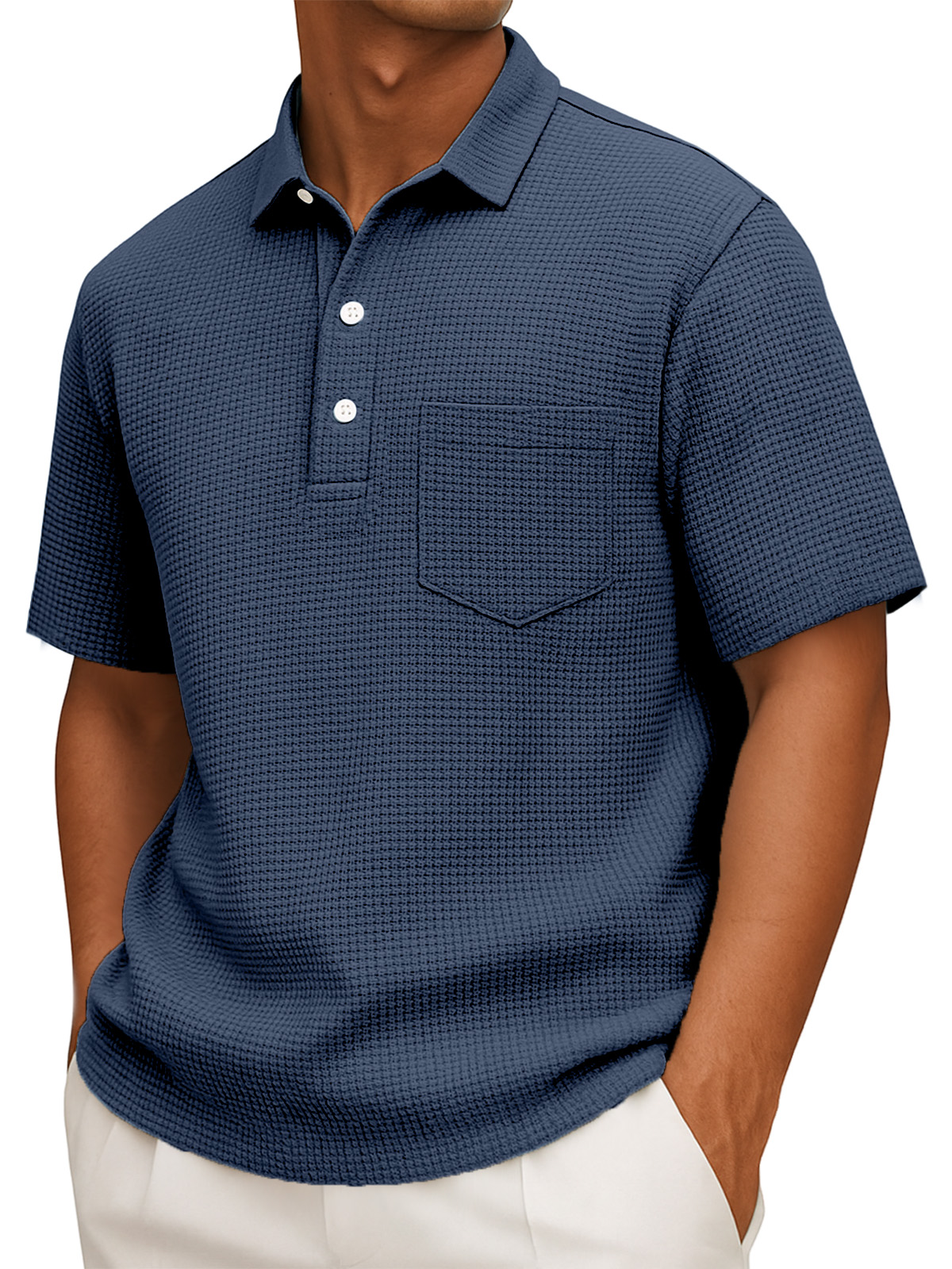 Herren Freizeit Poloshirt mit kurzem Arm in einfarbigem Waffelstrick-deurabatt
