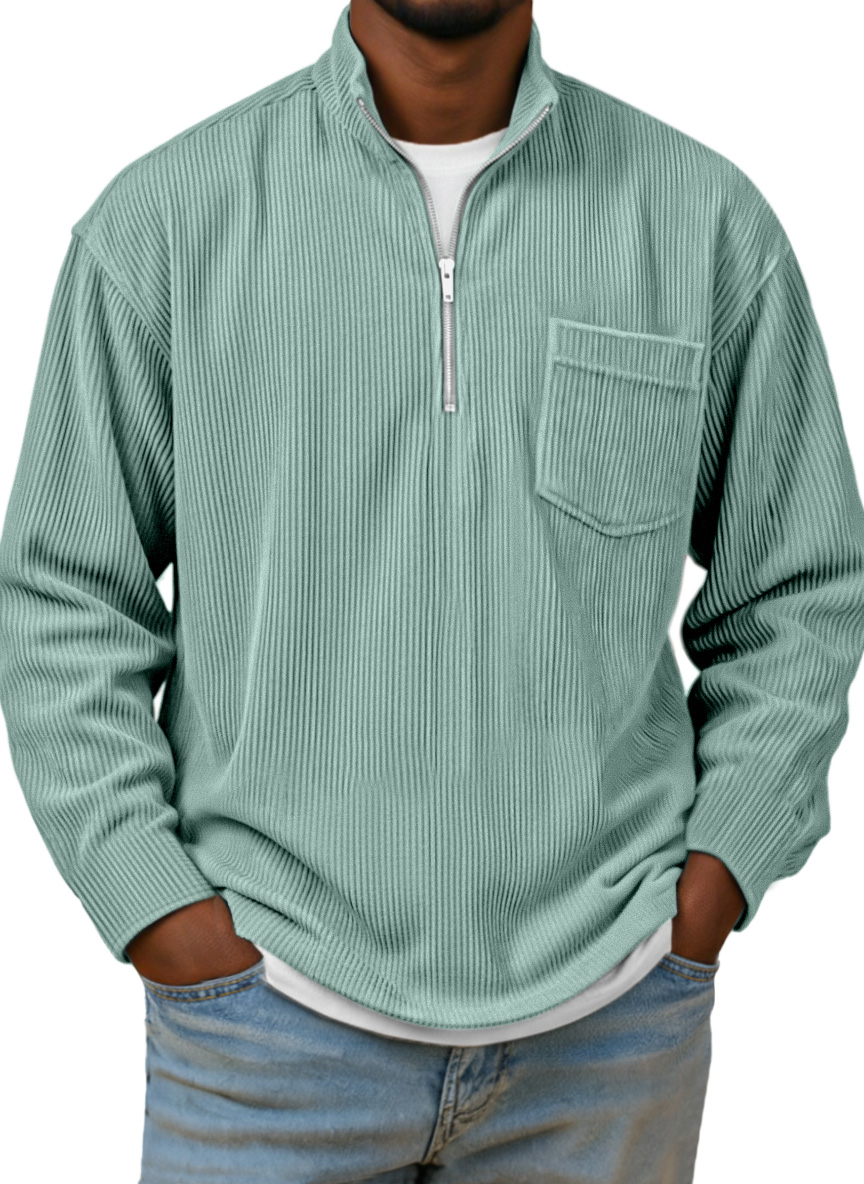 Herren Einfaches Basic Corduroy Viertel-Reißverschluss Stehkragen Langarm Polohemd-deurabatt