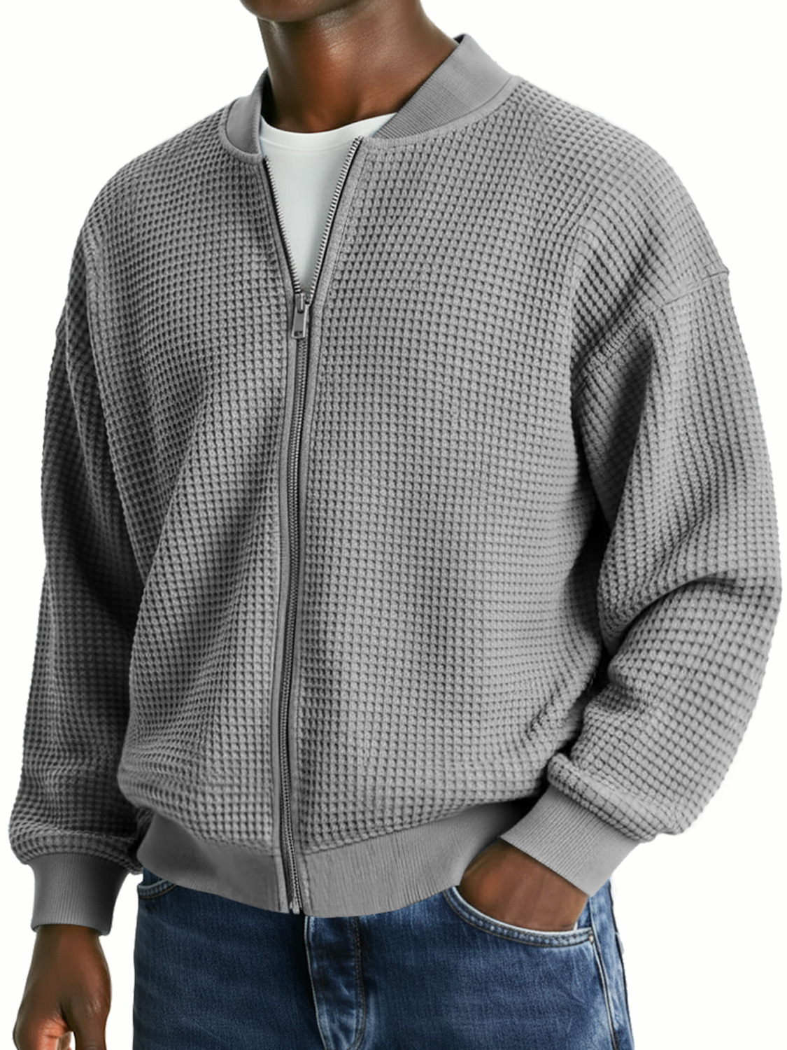 Herren-Waffelstrickjacke, lässig, locker, mit Reißverschluss-deurabatt