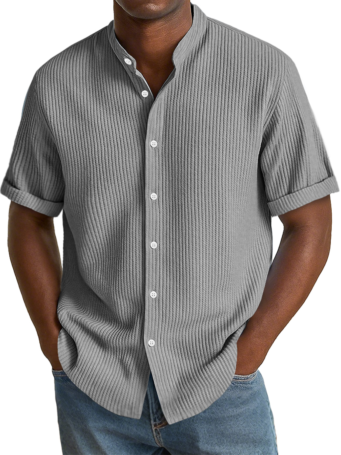 Herren Daily Texture Stoff Freizeit Stehkragen Einfarbig Kurzarmhemd-deurabatt