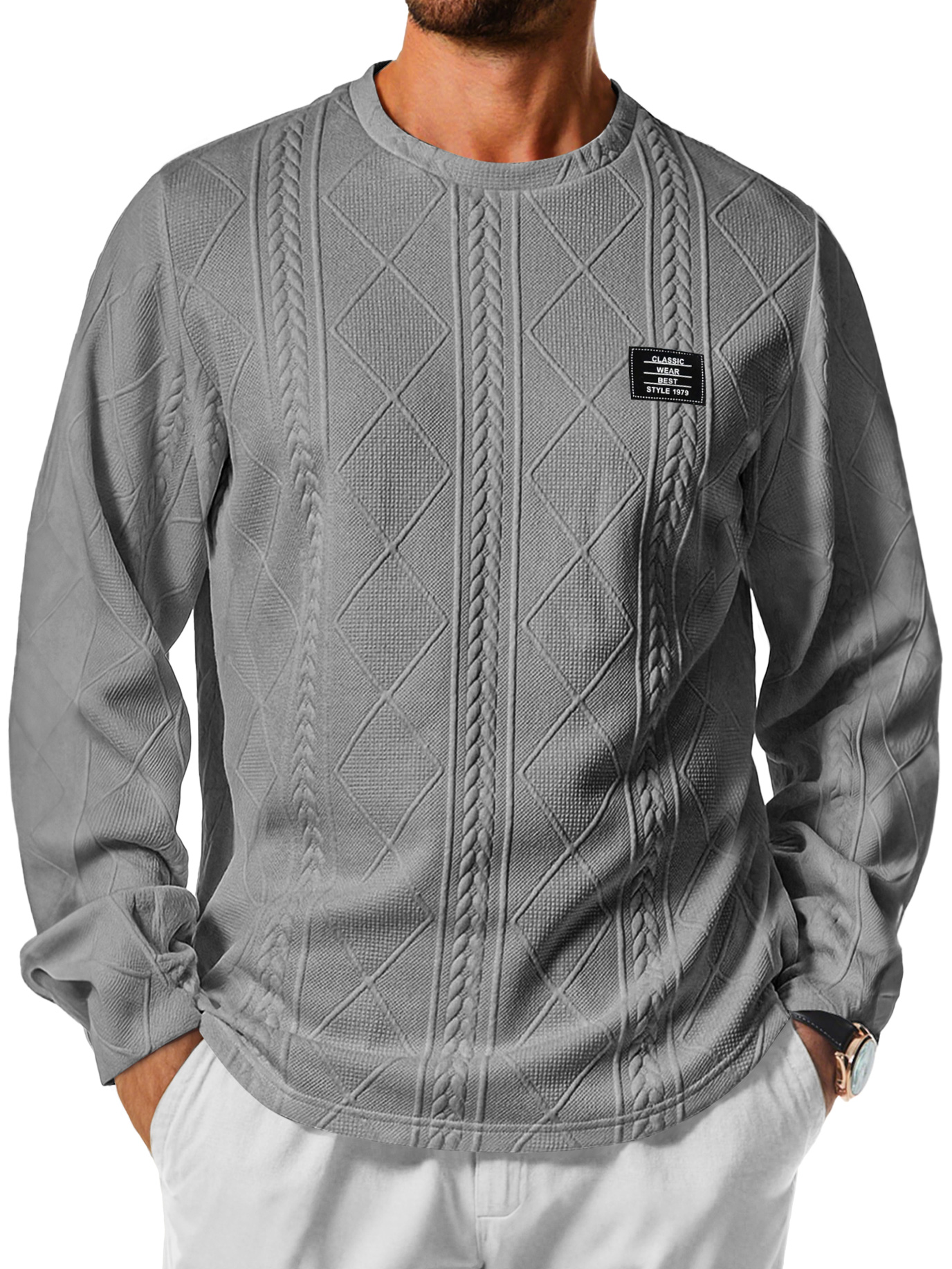 Herren Daily Rundhals Jacquard-Textur Besticktes Logo Lässiges Langarm-T-Shirt-deurabatt