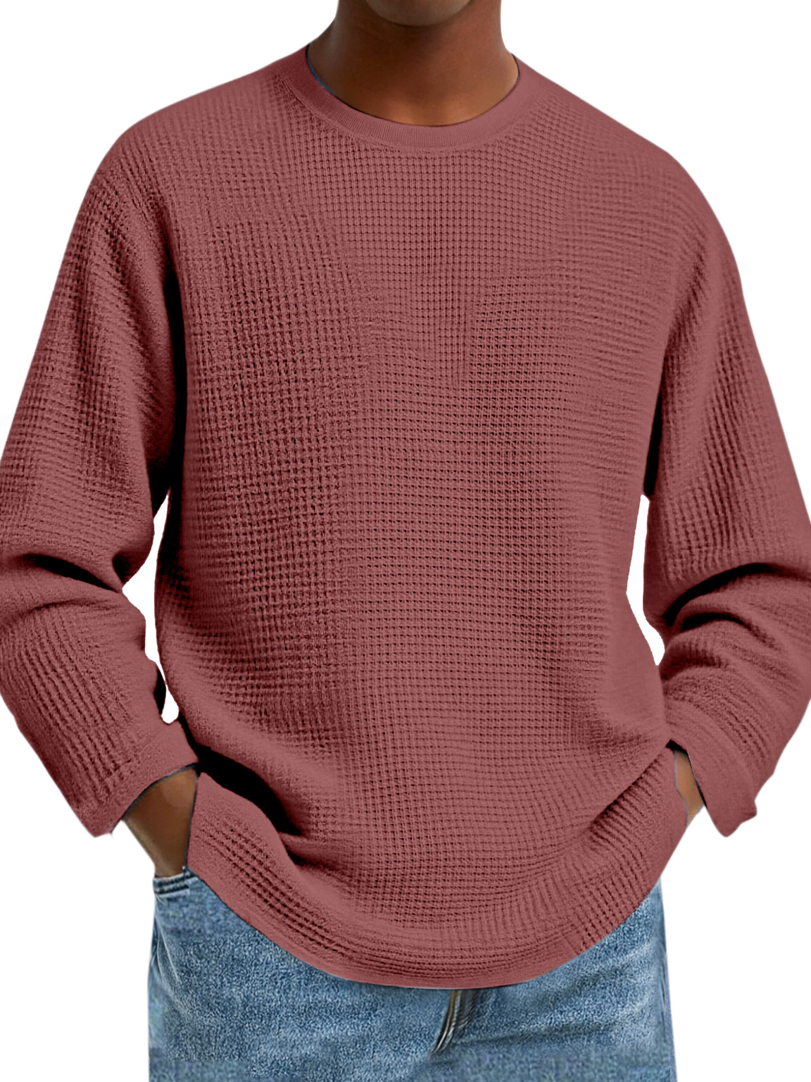 Herren Einfaches Tägliches Einfarbiges Waffel Rundhals Langarm T-Shirt-deurabatt