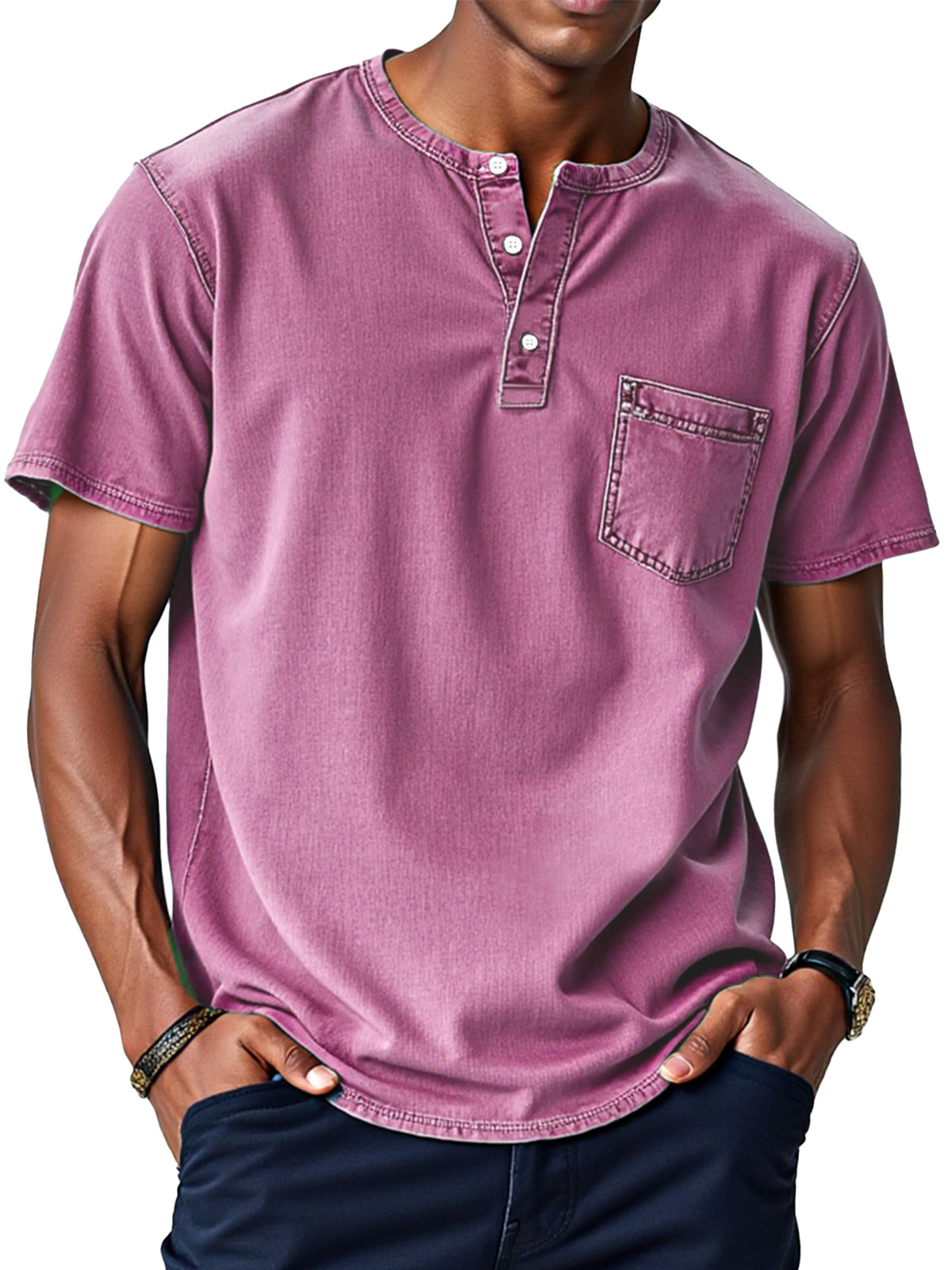 Herren Retro Einfarbig Locker Knopf Stehkragen Kurzarm Henley Shirt-deurabatt