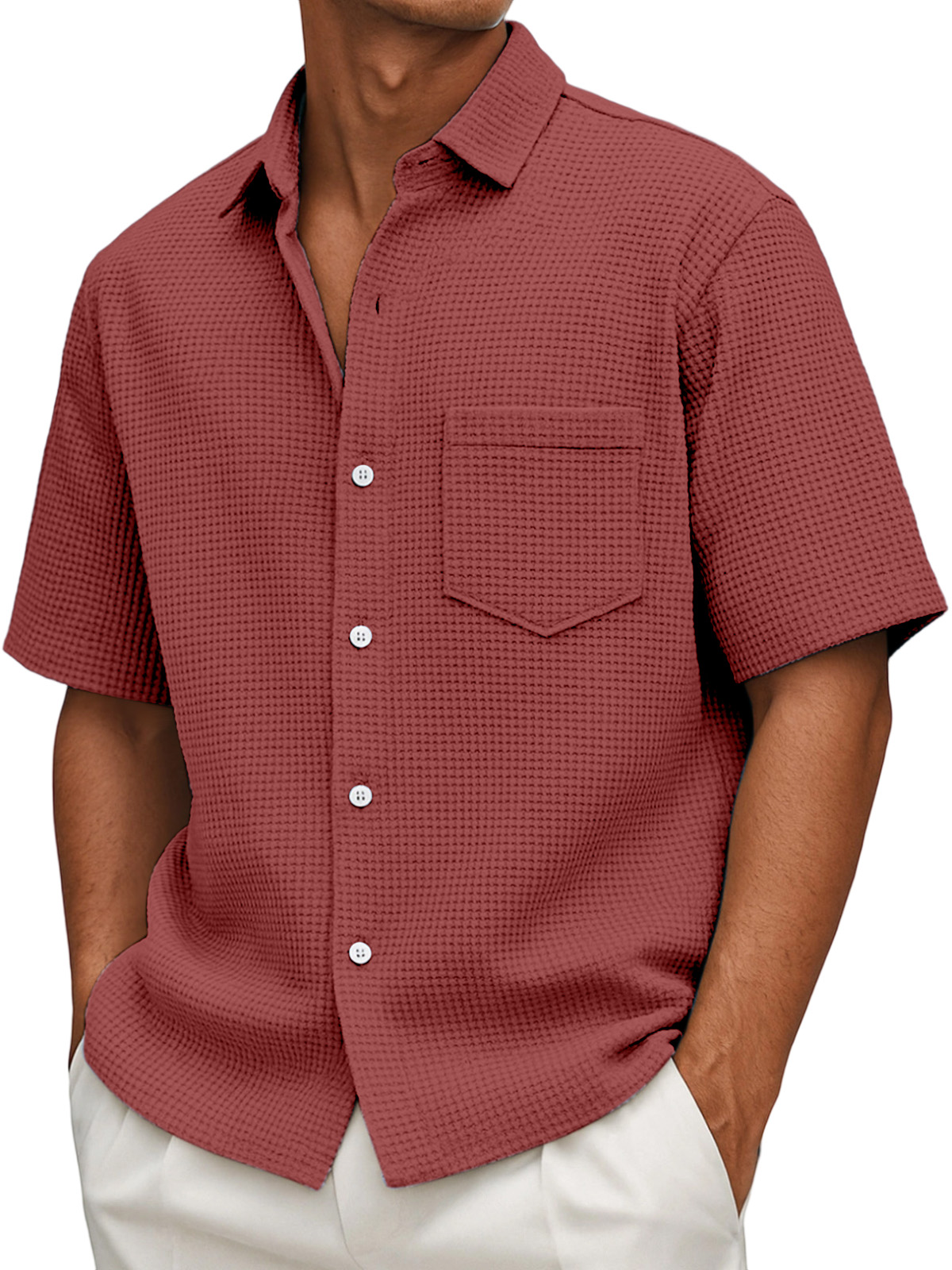 Herren Sommer Locker Casual Waffel Einfarbig Knopf Kurzarmhemd-deurabatt