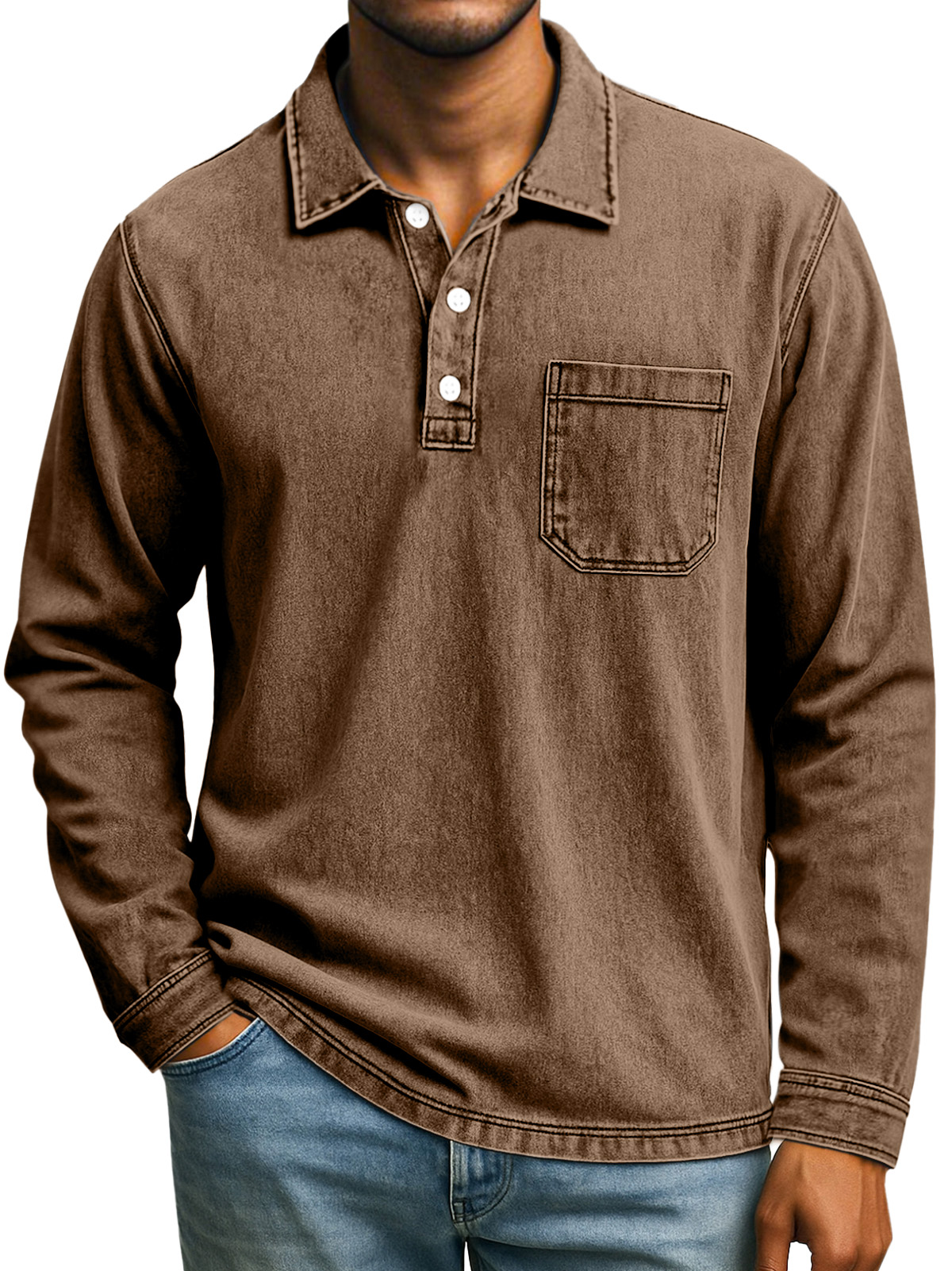 Herren Retro Freizeit Tägliches Einfarbiges Langarm Poloshirt mit Revers-deurabatt