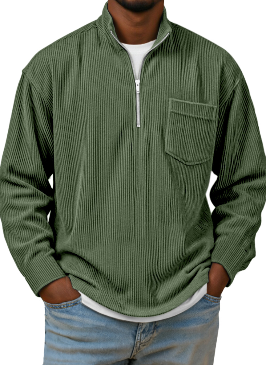 Herren Einfaches Basic Corduroy Viertel-Reißverschluss Stehkragen Langarm Polohemd-deurabatt