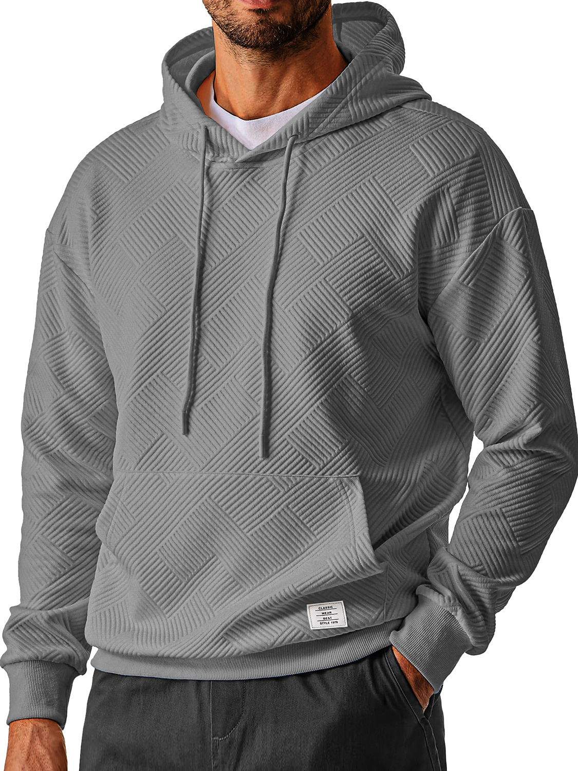 Herren Alltags Einfach Texturiertes Besticktes Logo Kapuzenpullover mit langen Ärmeln-deurabatt