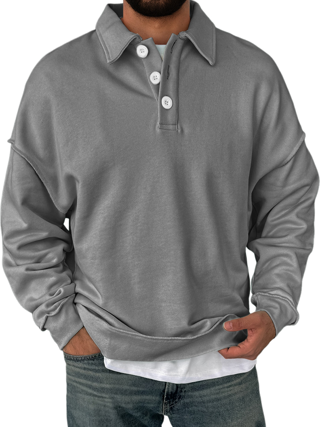 Herren Alltagskragen Knopfverschluss Bequemer Einfarbiger Sweatshirt-deurabatt