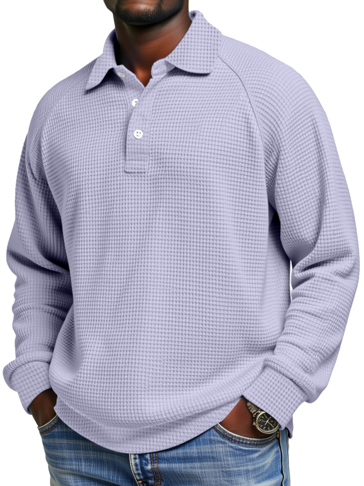 Herren Tägliches Einfaches Einfarbiges Waffel Raglan Ärmel Langarm Polohemd-deurabatt