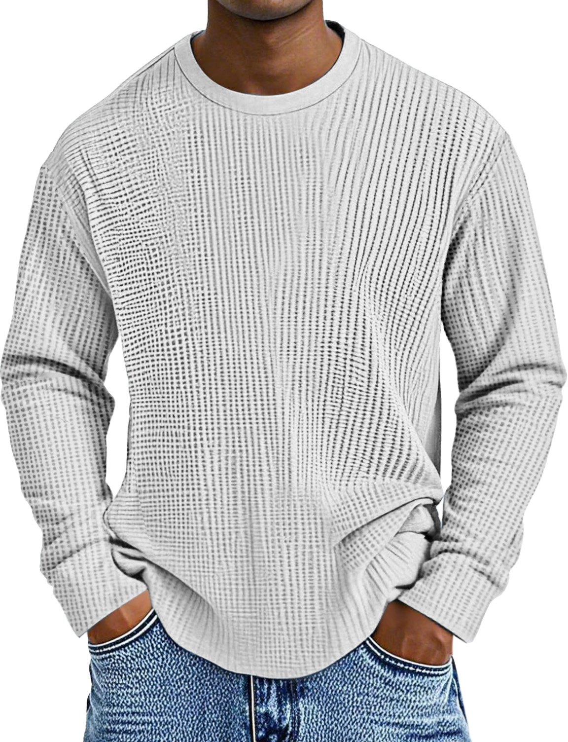 Herren Einfaches Tägliches Einfarbiges Waffel Rundhals Langarm-T-Shirt-deurabatt