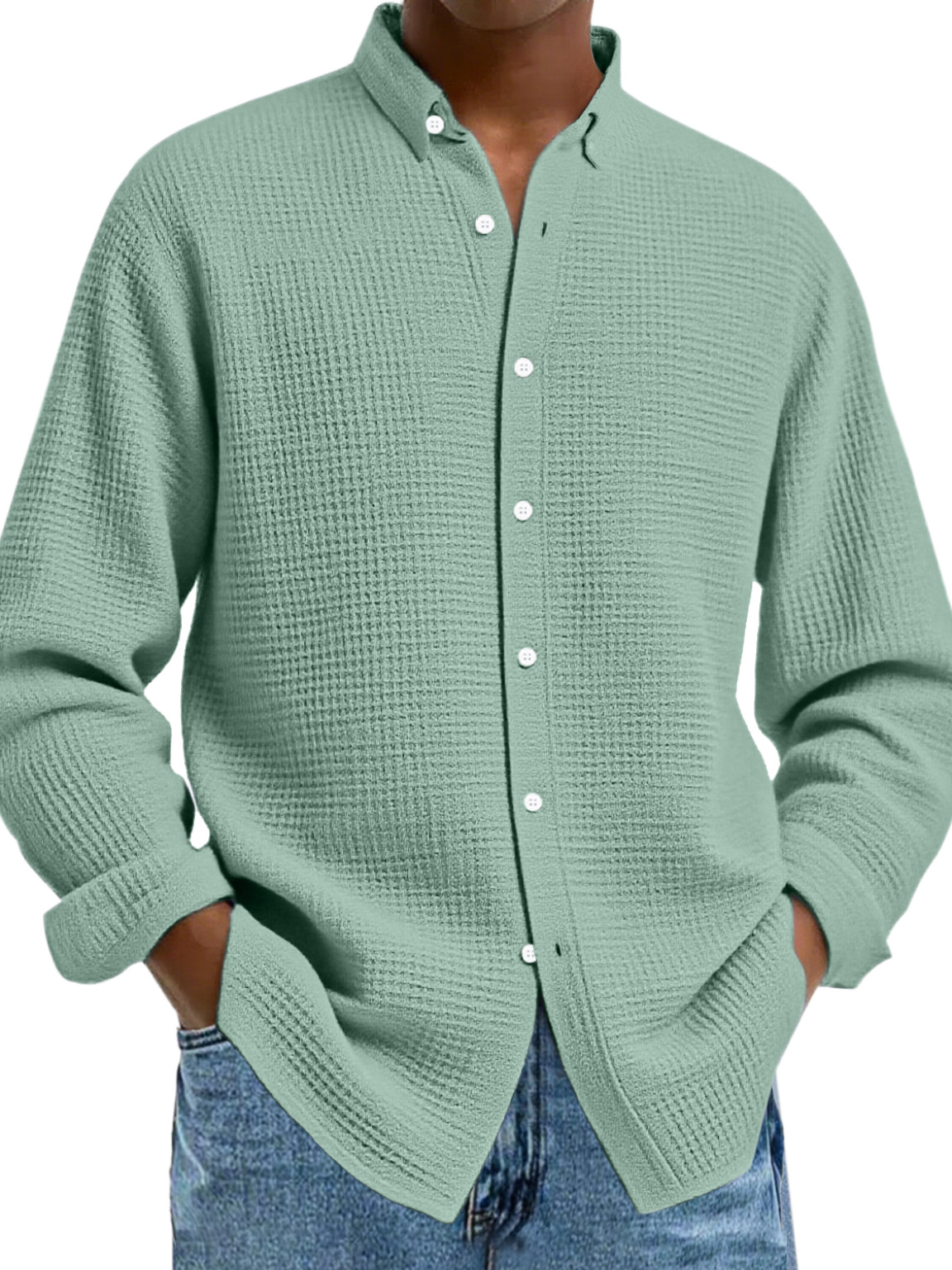 Herren Freizeit Einfarbige Waffel Knopf Langarmshirt-deurabatt