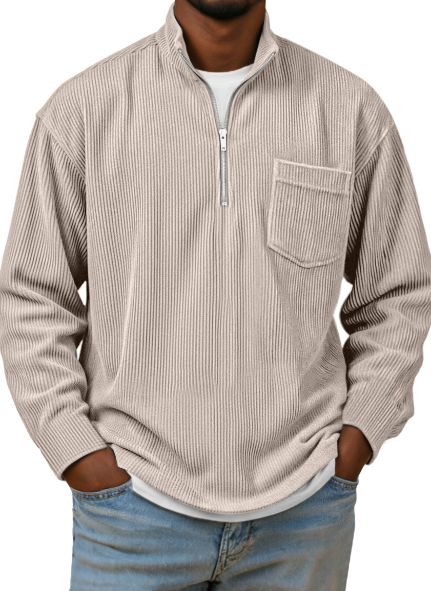 Herren Einfaches Basic Corduroy Viertel-Reißverschluss Stehkragen Langarm Polohemd-deurabatt