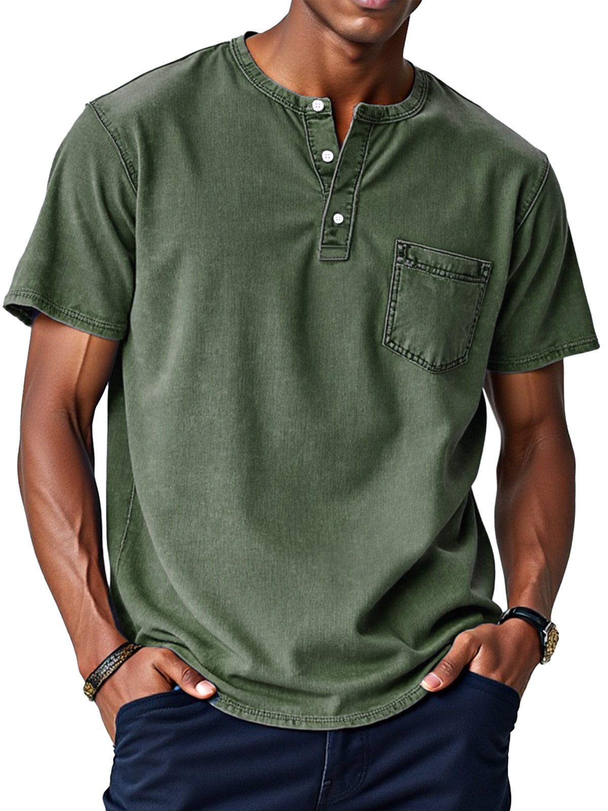 Herren Retro Einfarbig Locker Knopf Stehkragen Kurzarm Henley Shirt-deurabatt