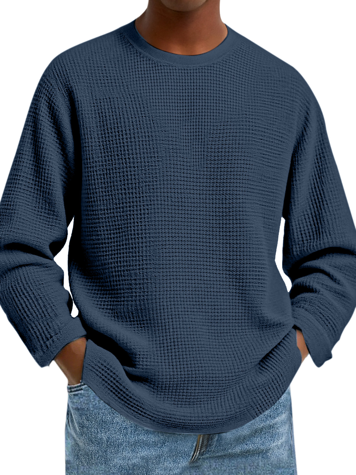 Herren Einfaches Tägliches Einfarbiges Waffel Rundhals Langarm T-Shirt-deurabatt