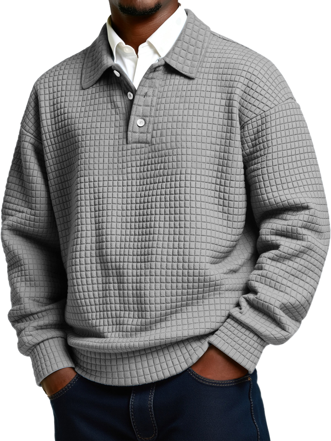 Herren Daily Small Plaid Revers Knopf Lässiges Langarm Polohemd-deurabatt