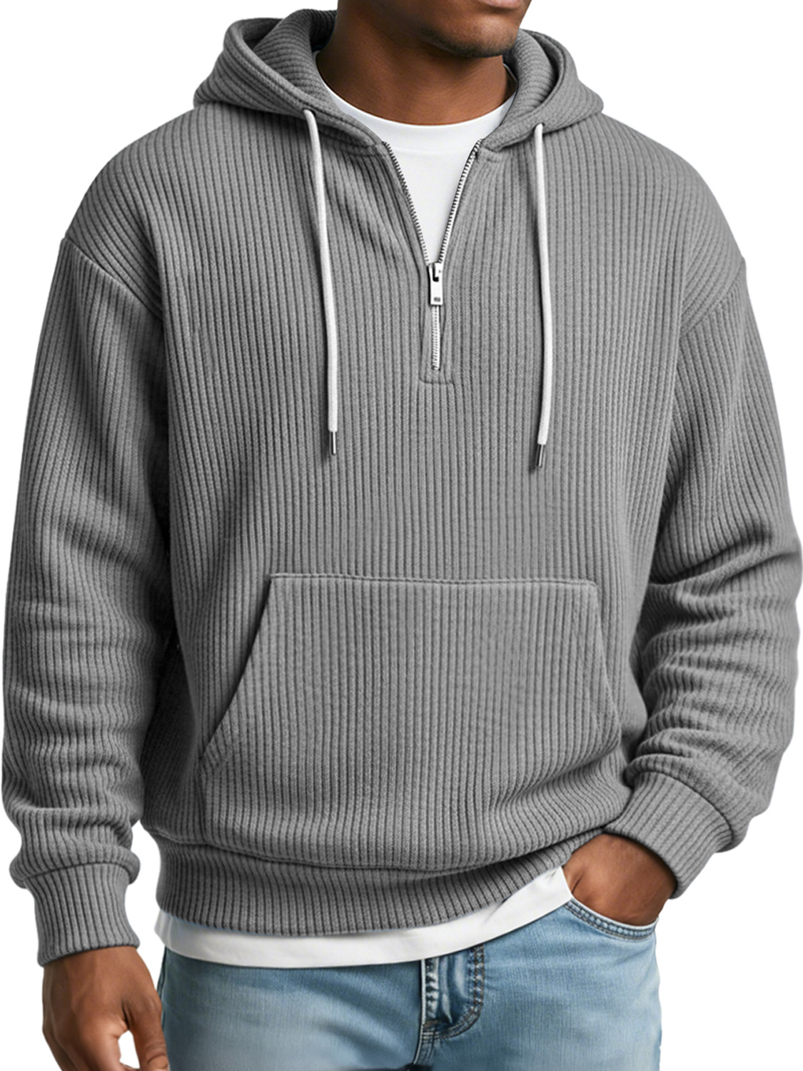 Herren Einfaches Geripptes Texturiertes Kapuzen-Sweatshirt mit Reißverschluss in Lässiger Lockere Passform-ZierMode