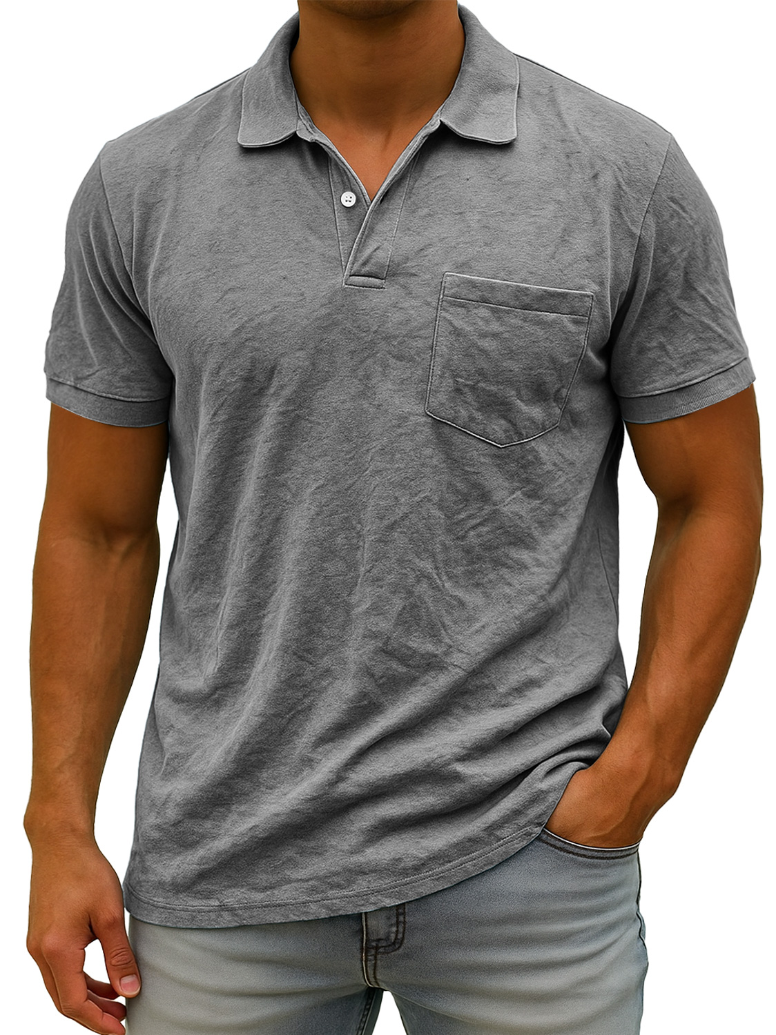Herren Daily Wildleder Freizeit Revers Tasche Komfort Kurzarm POLO Hemd-deurabatt