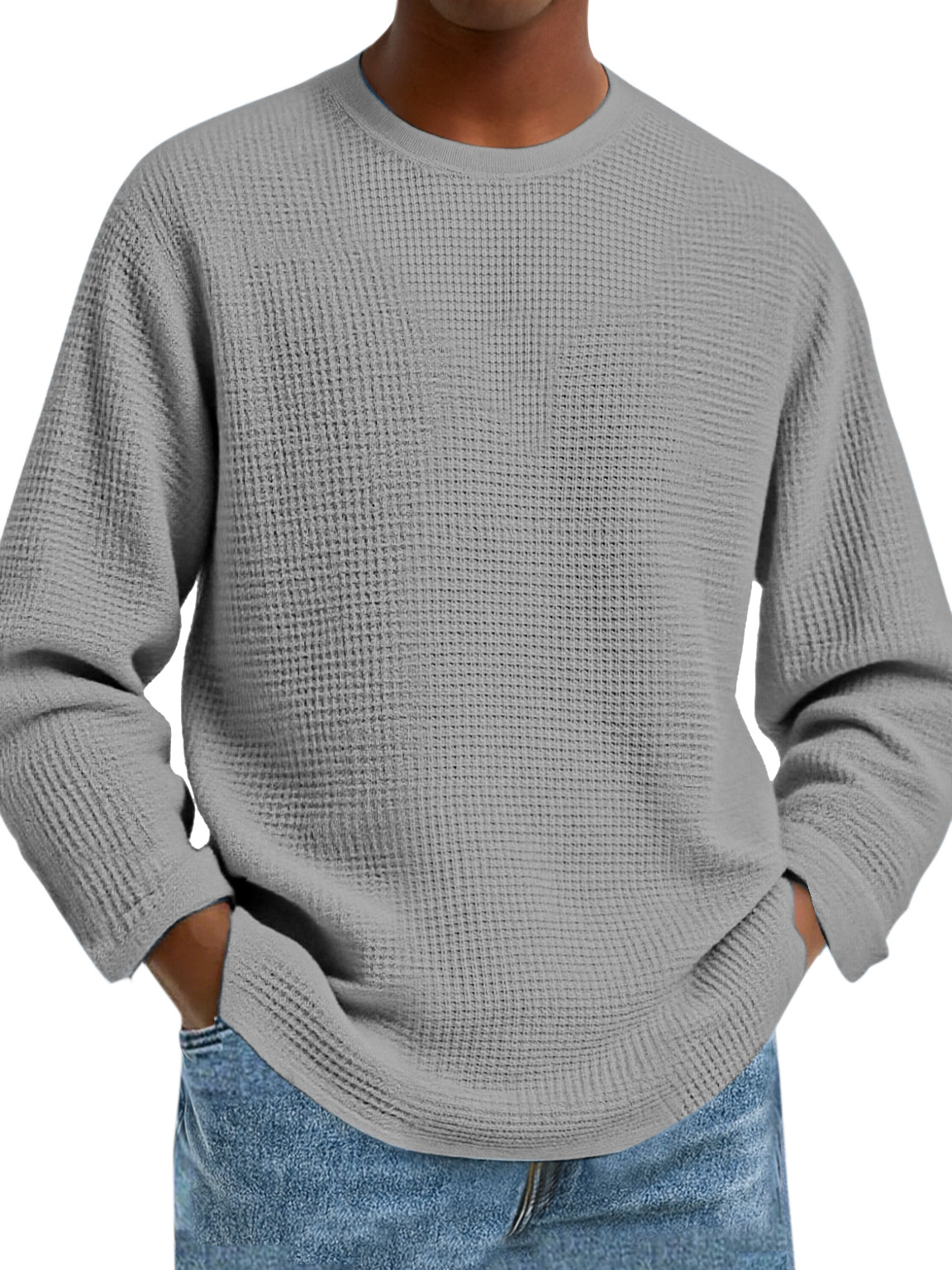 Herren Einfaches Tägliches Einfarbiges Waffel Rundhals Langarm T-Shirt-deurabatt