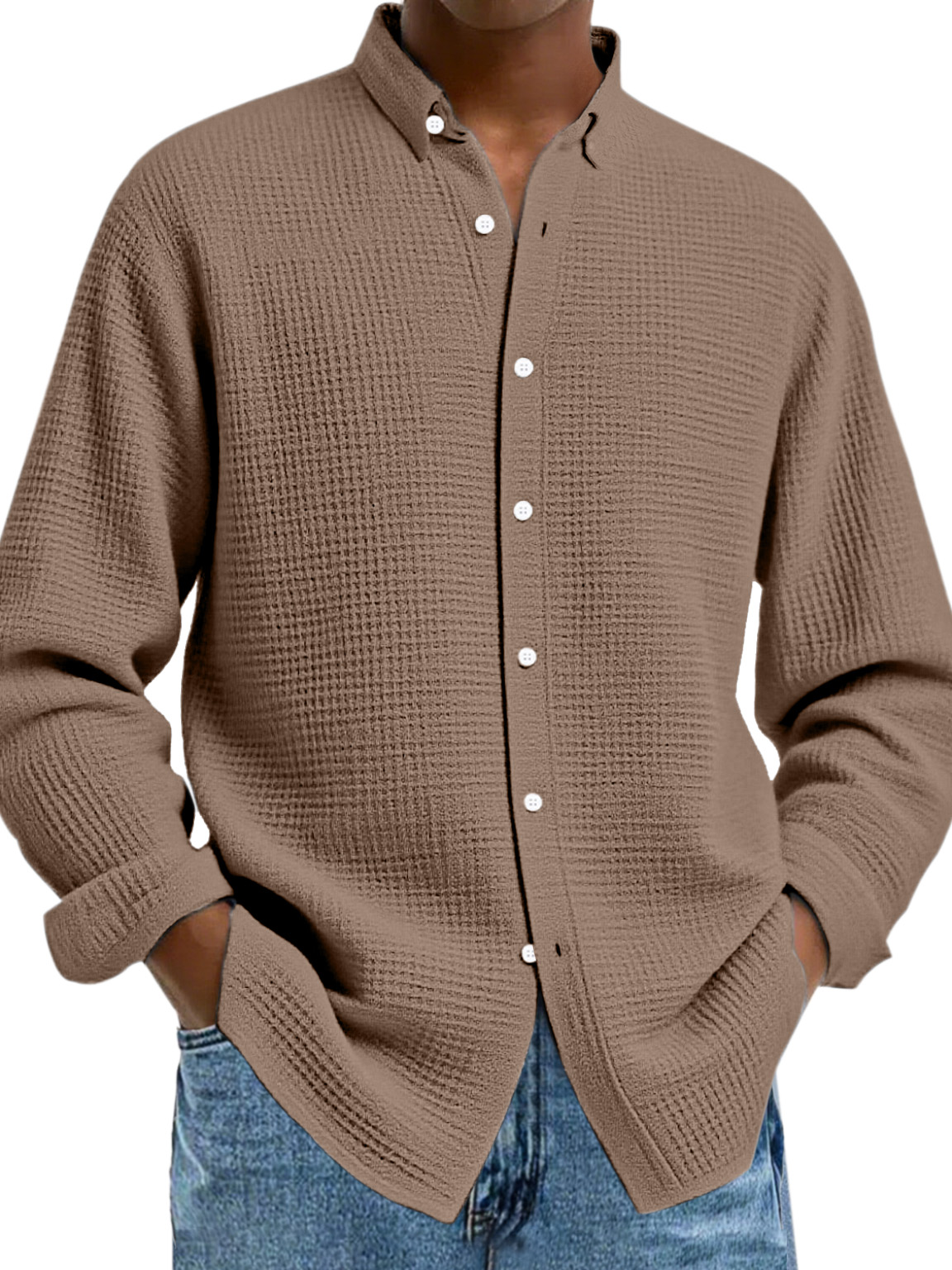 Herren Freizeit Einfarbige Waffel Knopf Langarmshirt-deurabatt