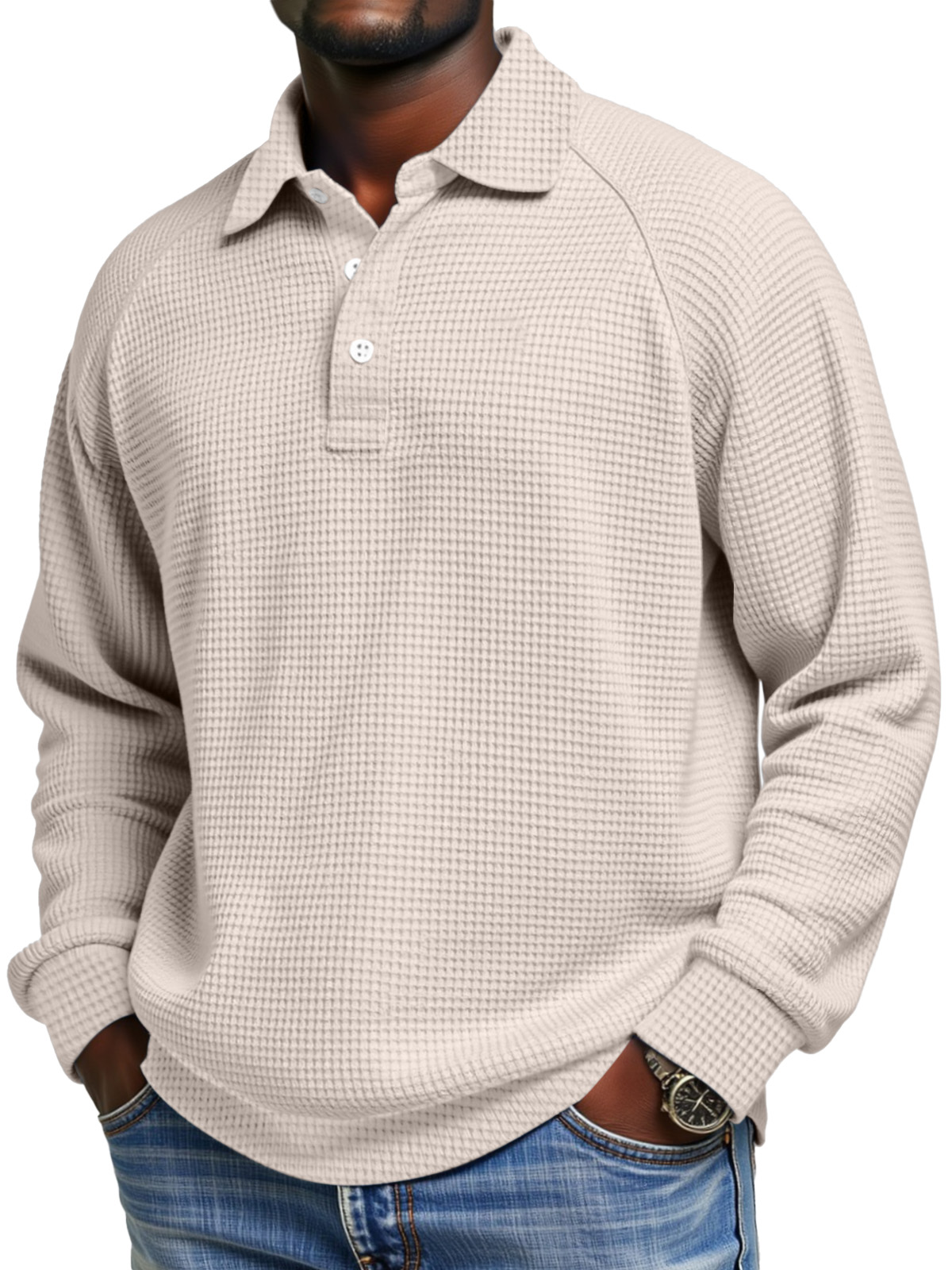 Herren Tägliches Einfaches Einfarbiges Waffel Raglan Ärmel Langarm Polohemd-deurabatt