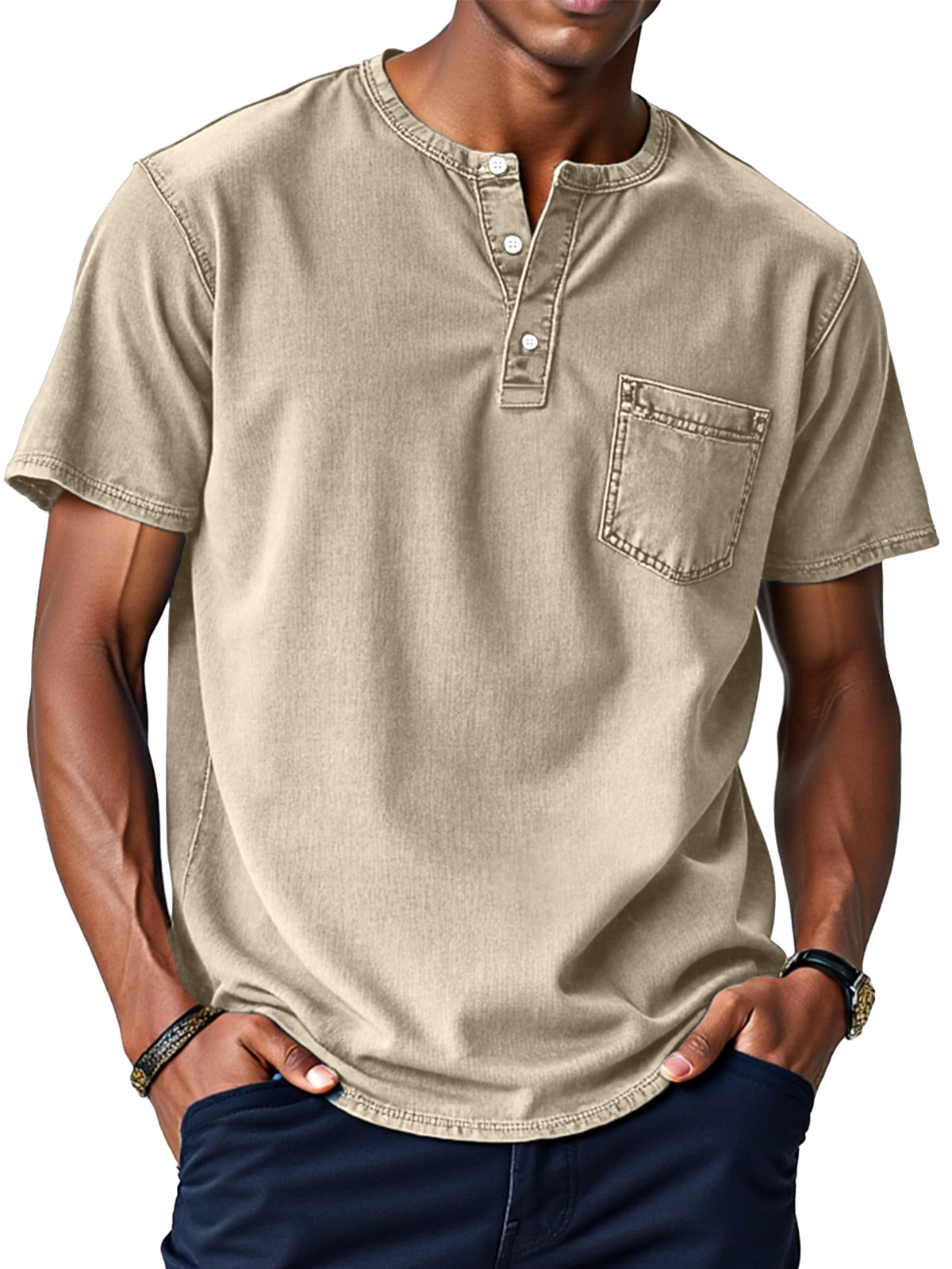 Herren Retro Einfarbig Locker Knopf Stehkragen Kurzarm Henley Shirt-deurabatt