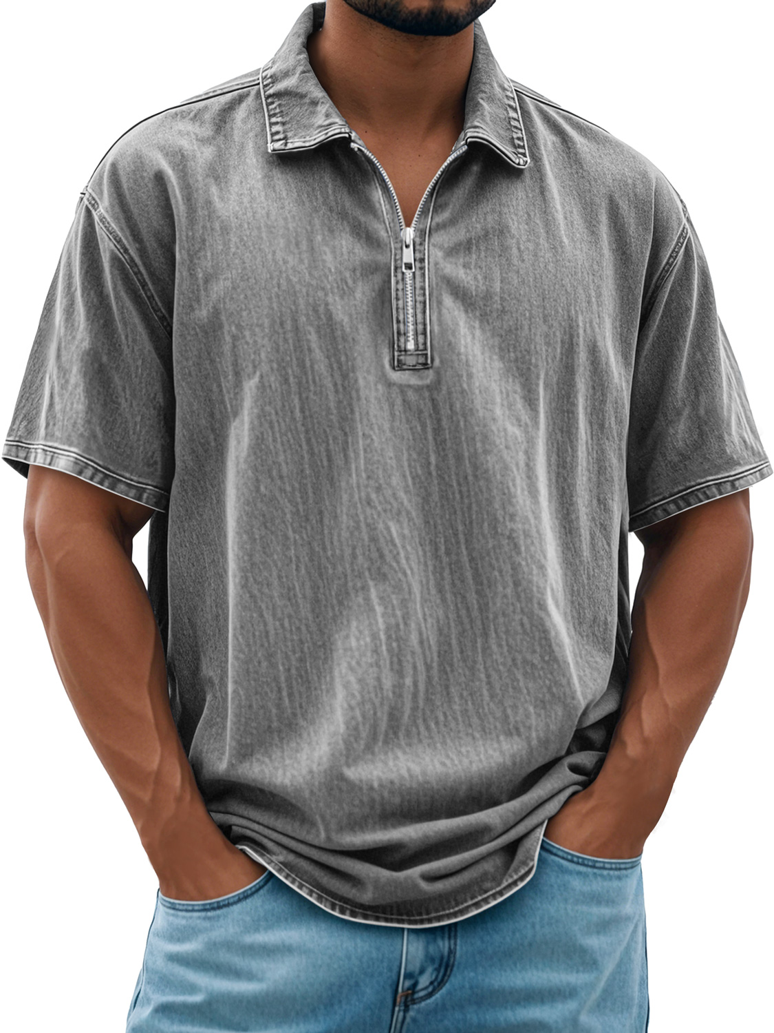 Herren Retro Daily Revers Reißverschluss Freizeit Kurzarm POLO Shirt-deurabatt