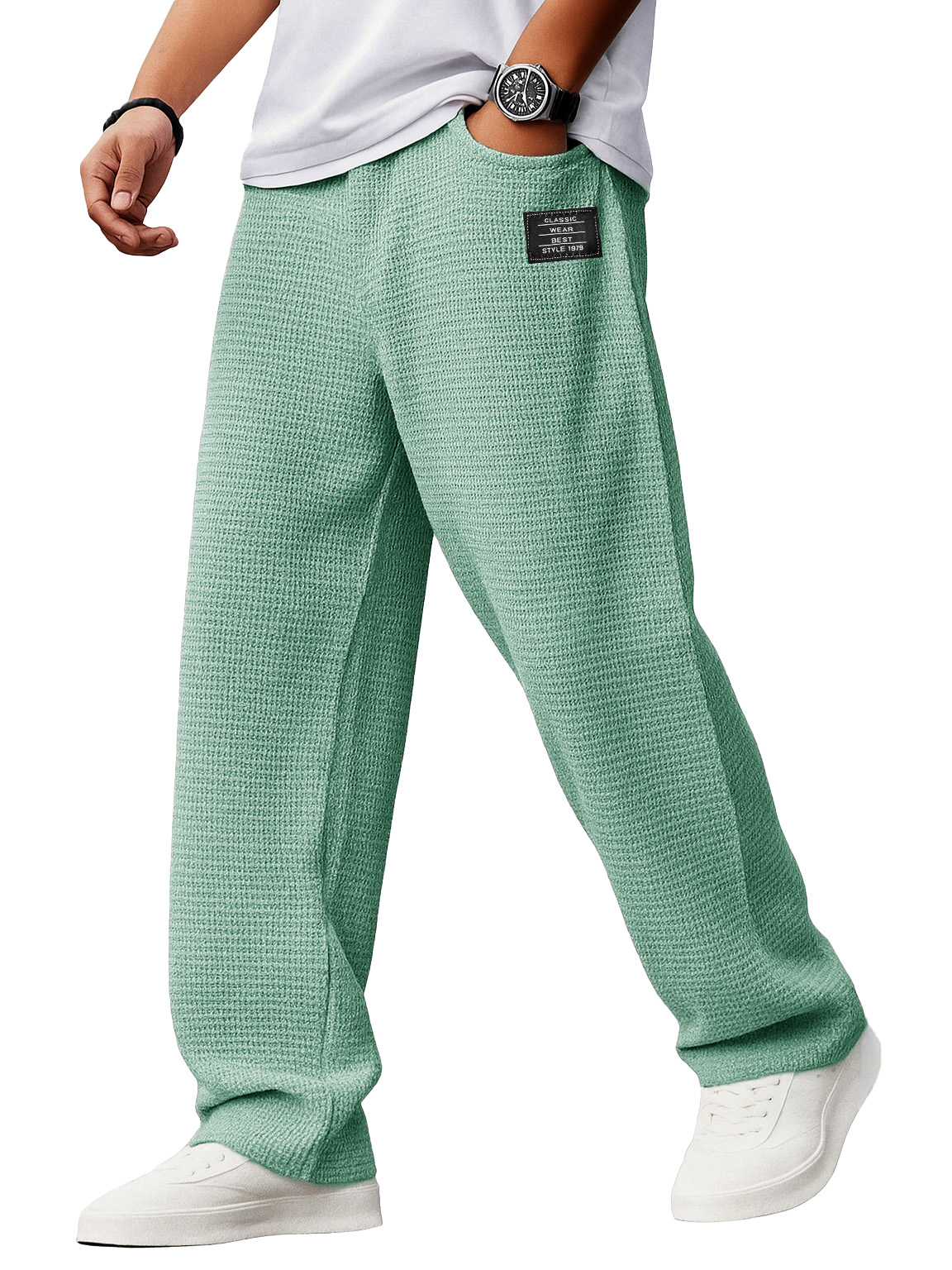 Herren Stylische Alltags-Waffelstoff-Hosen mit lockerer Passform, Kordelzugbund und gesticktem Logo-ZierMode