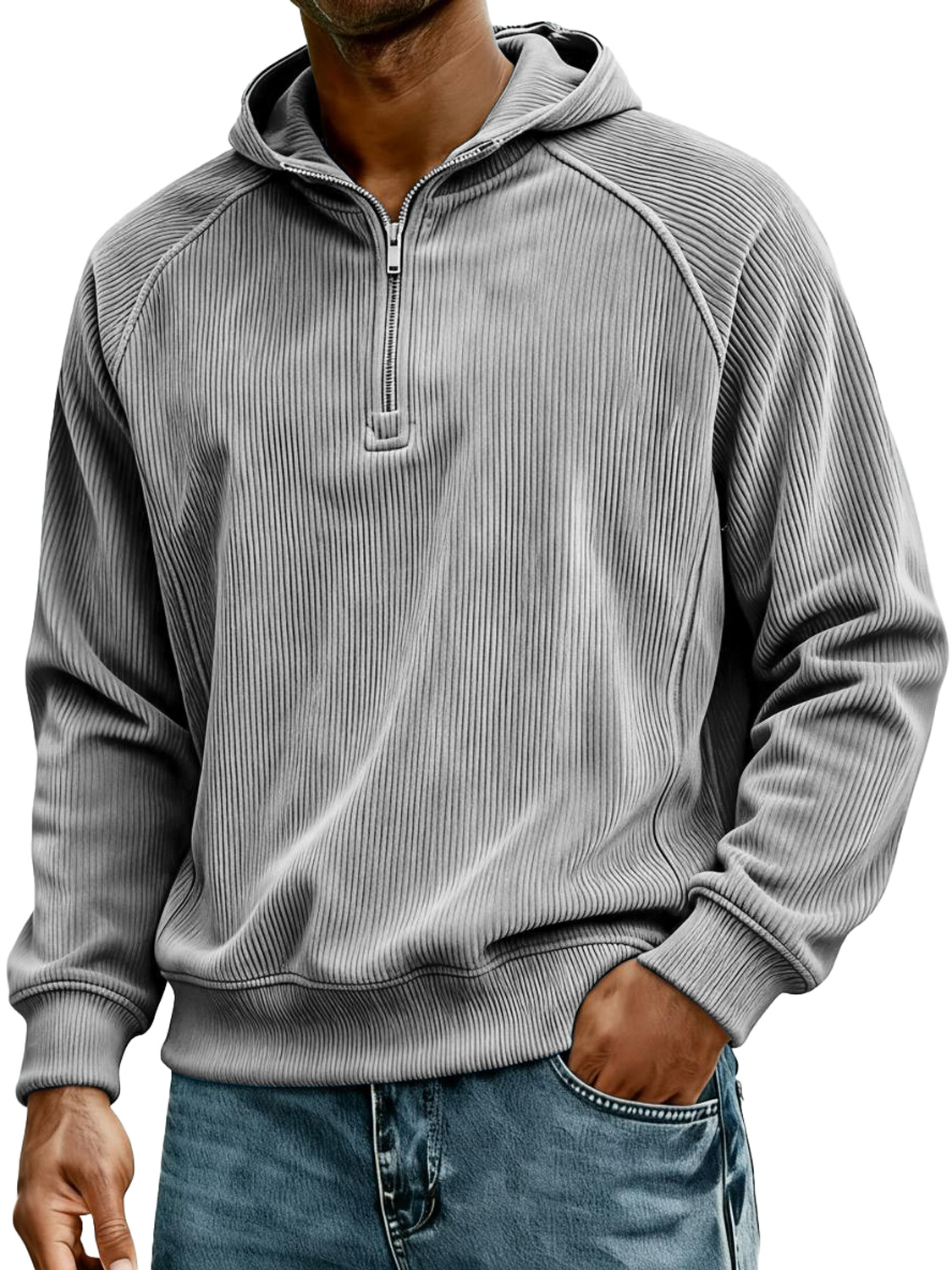 Herren Retro Corduroy Raglan Kapuzenpullover mit Reißverschluss-deurabatt