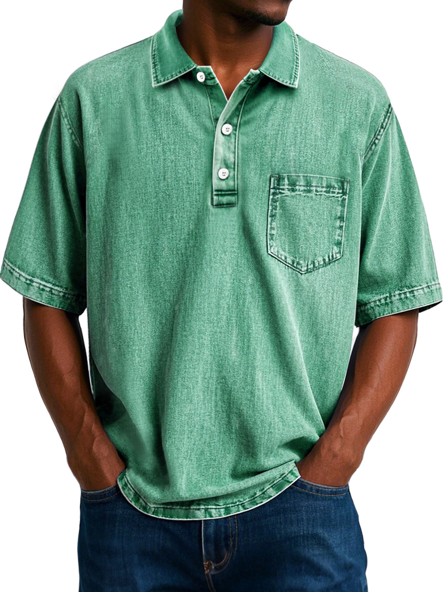 Herren Vintage 100% Baumwolle gewaschenen abgenutzten Revers Tasche lässigen Kurzarm POLO Hemd-ZierMode
