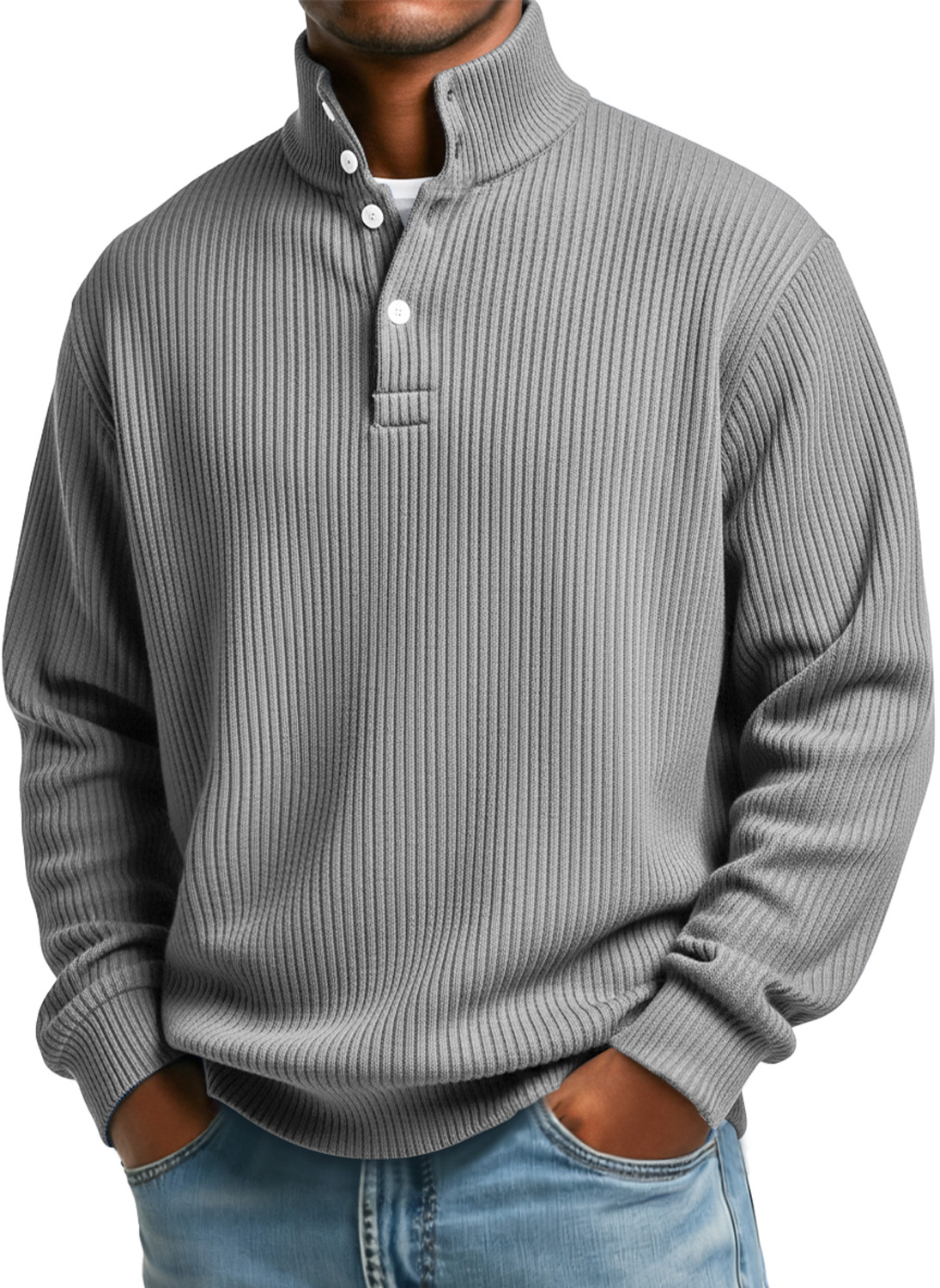Herren Sweatshirt mit vertikalen Streifen, Stehkragen, Knopf, lässig und locker-deurabatt