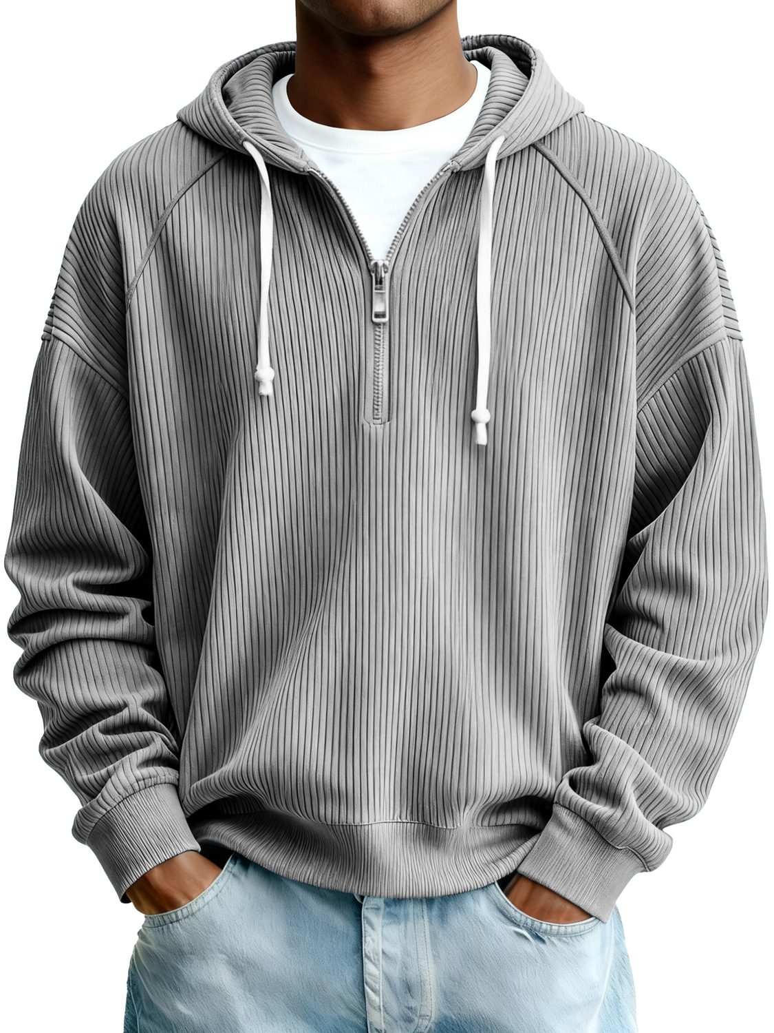 Herren Einfaches Rippstrick Reißverschluss Kapuzen Sweatshirt-deurabatt