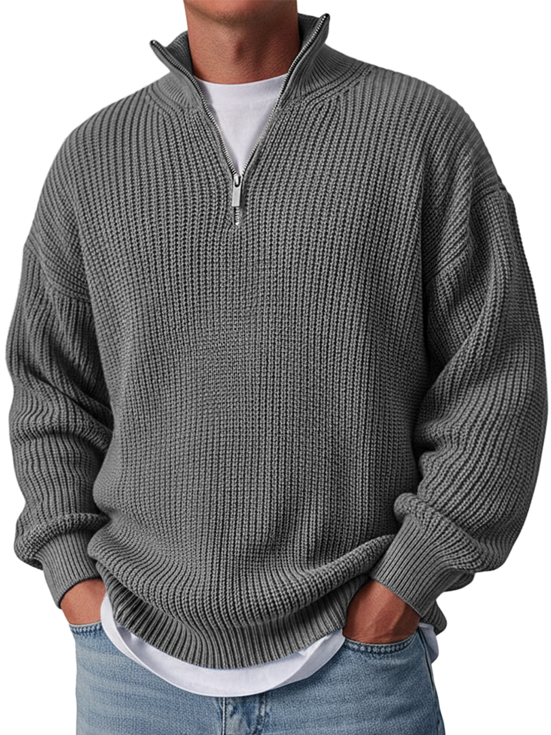 Herren Einfacher Lässiger Lockere Stehkragen Reißverschluss Einfarbiger Pullover-deurabatt