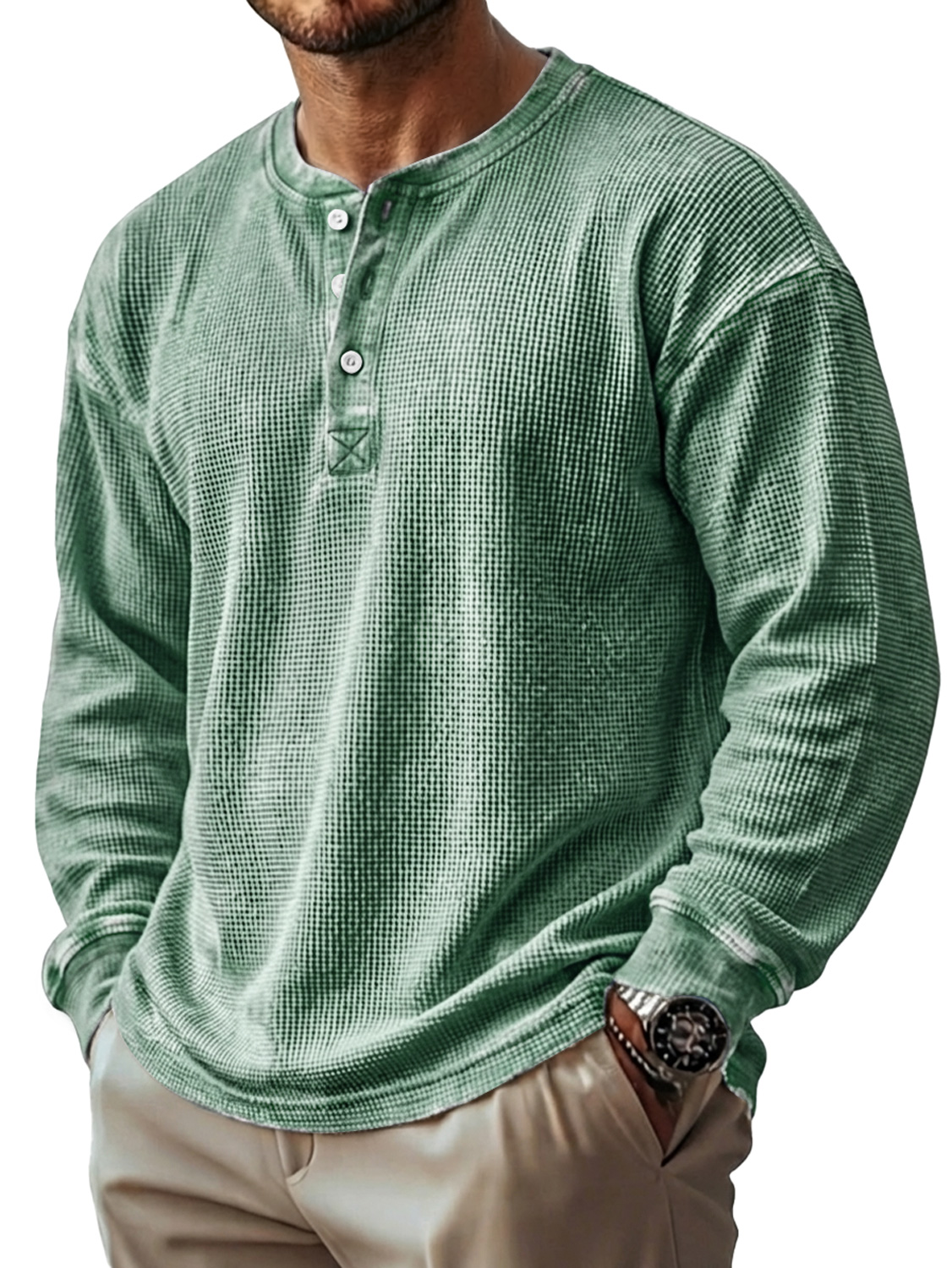 Herren Vintage Waffelstrick Langarm-Henley-Shirt-deurabatt